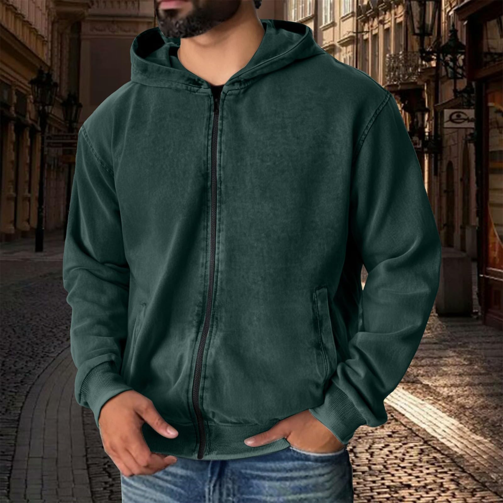 Zielone bluzy z kapturem dla dorosłych, ciepły pulower bluza z kapturem top polar długi rękaw topy praca i długie noszenie retro sprana bluza outdoorowa grube bluzy z kapturem
