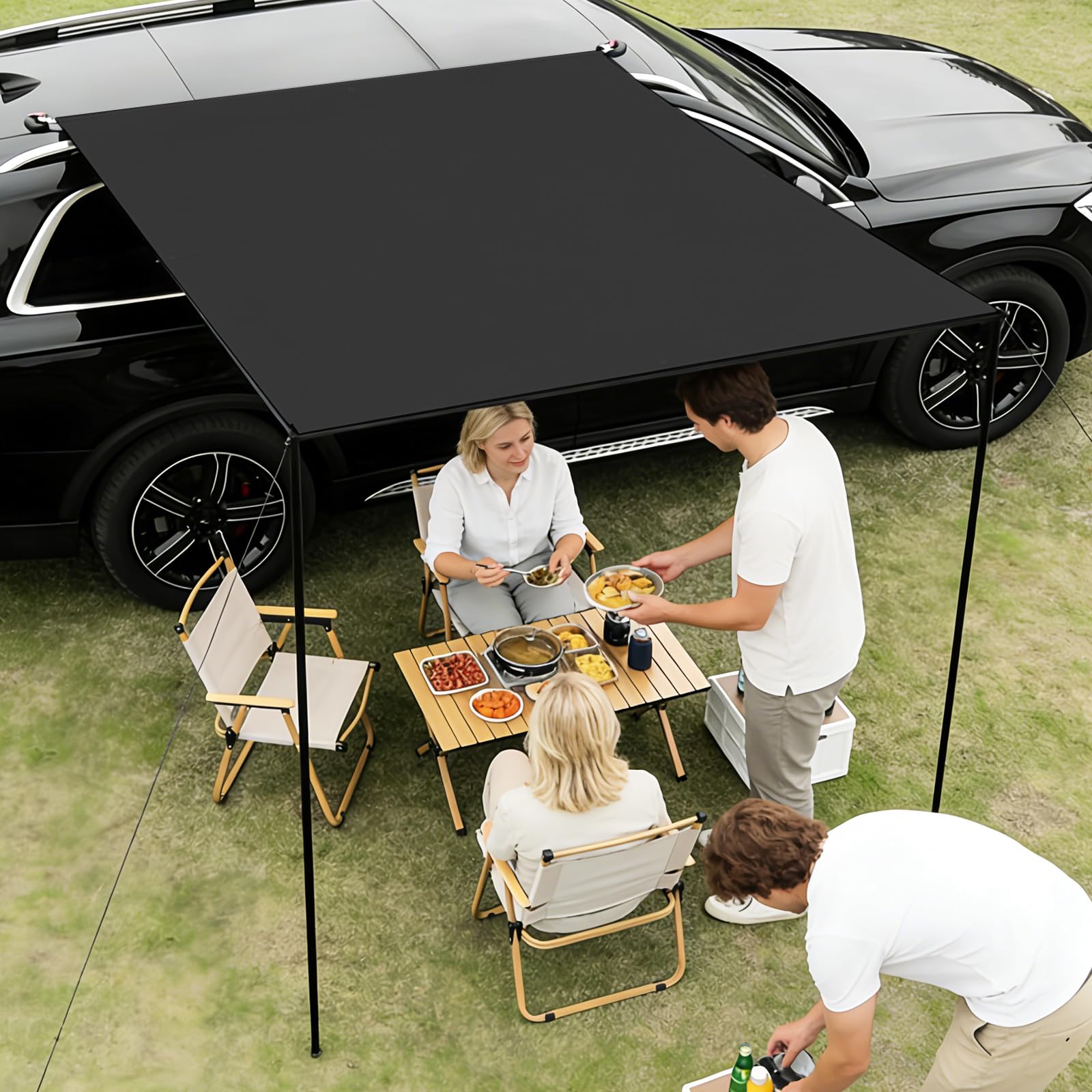 Kit de Toldos para Coche 200x300cm, con 2 Postes, 8 Cuerdas de Amarre, 8 Estacas, 2 Ventosas, Bolsa de Almacenaje y Saco de Transporte, UPF50+, PU3000+ Impermeable, para Aventuras Off-Road (Negro)