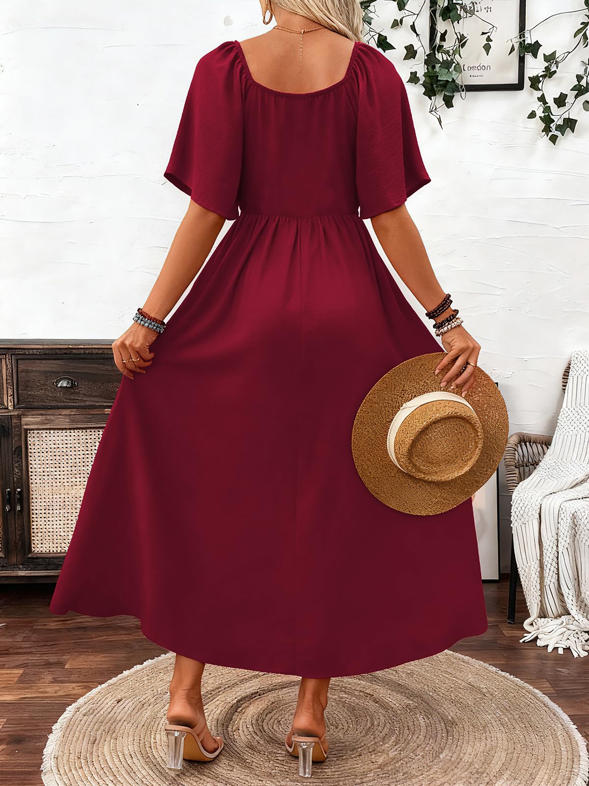 LIAMERHE Robe Longue Femme Été Élégante Col Carré Manches Volantes Chic Robes Maxi Ligne A Manches Courtes Taille Haute Fluide Style Bohème Robe de Plage Vintage Mariage Décontractée