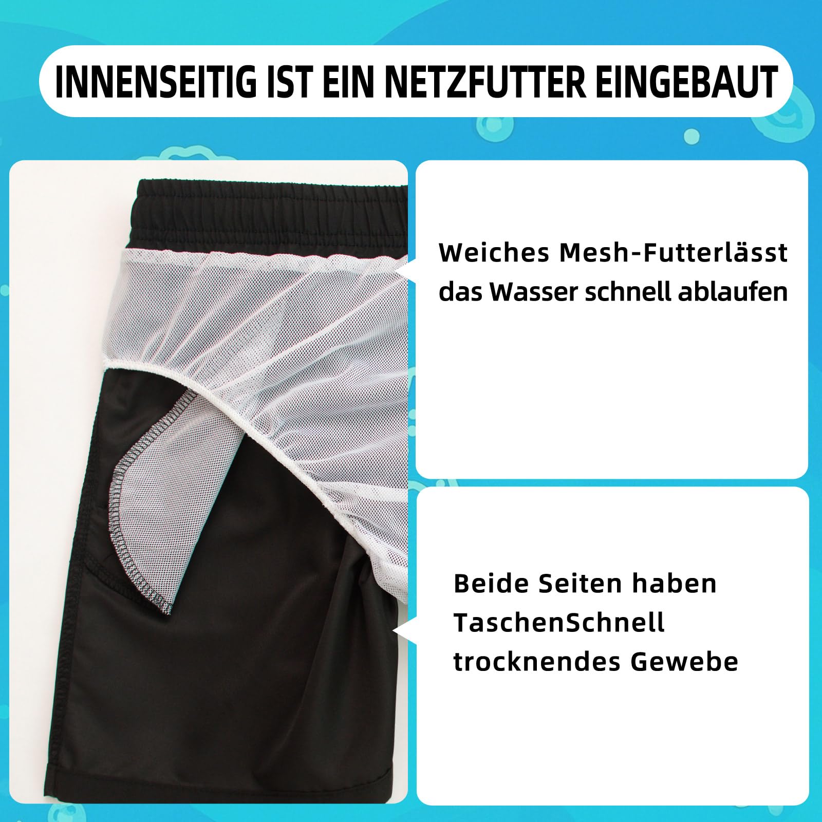 Hill & Sea Badehose Jungen Kinder Badeshorts Unisex Schnelltrocknend Boardshorts Atmungsaktiv Wasserabweisend Badeshorts mit Mesh-Futter Taschen und Verstellbarem Tunnelzug