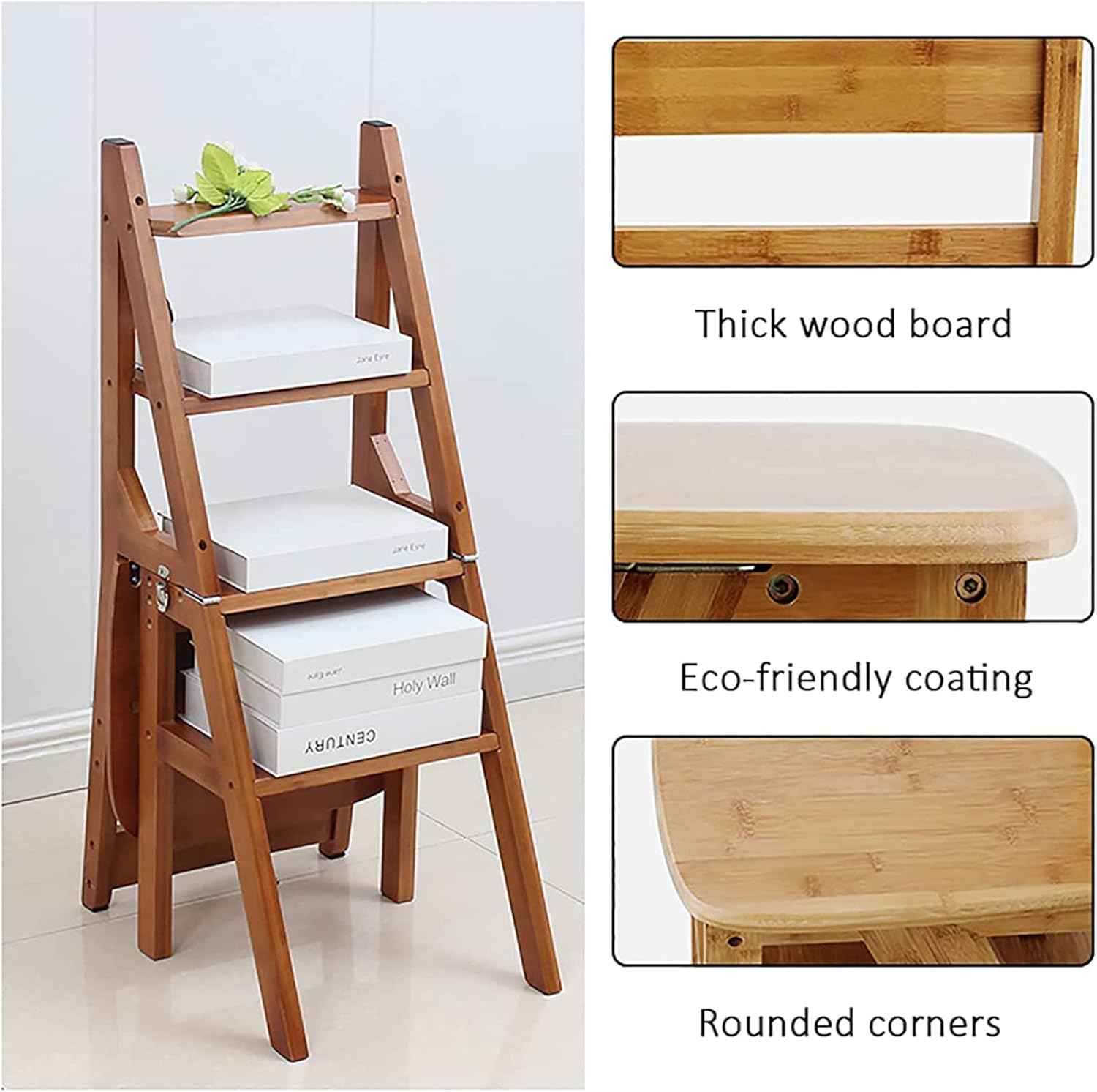 Foldable Wood Library Ladder Chair Decorative Shelf for Home Kitchen Closets Furniture Portable Step Stool with Folding Design Natural Finish 35x46x88.5cm (14x18x35inch)