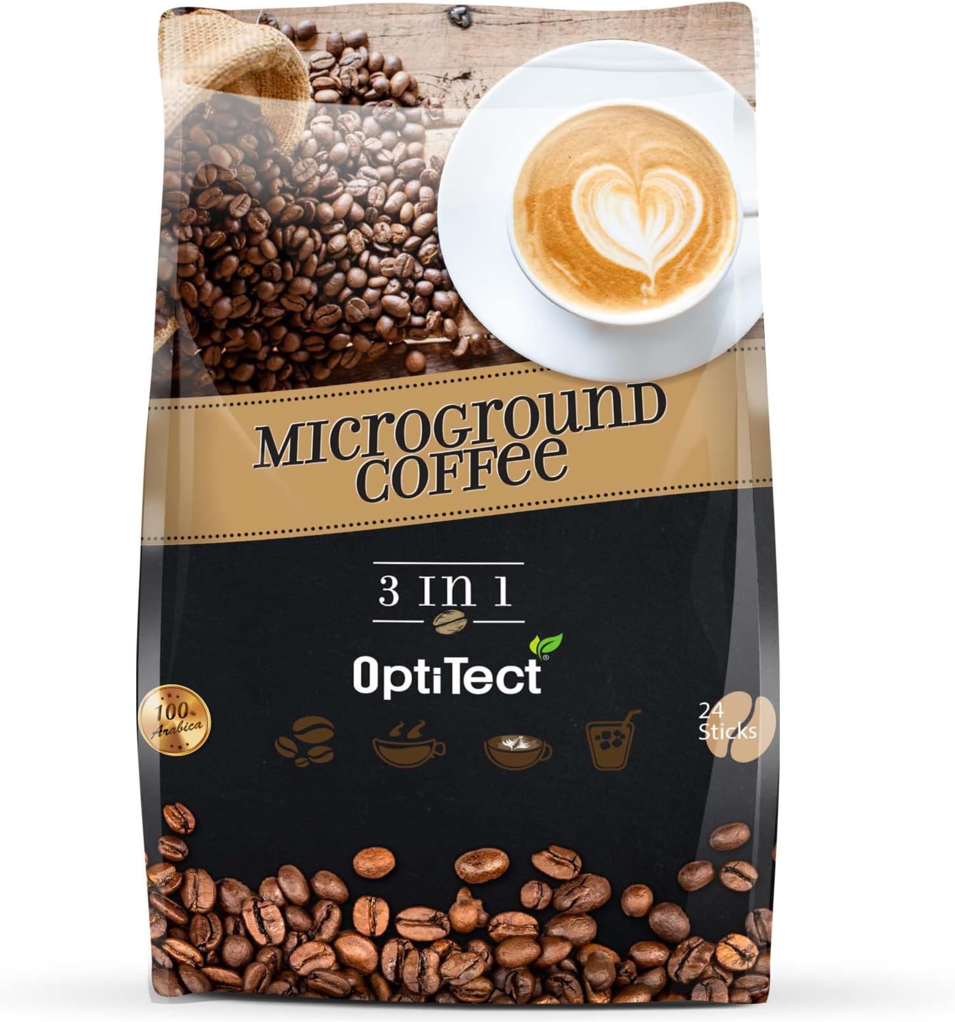 Optitect Arabica Microground Coffee 3 in 1 Sugar Free, 24 Stick Packs, Non-Dairy Creamer, Diet Friendly Instant Coffee, Smooth Taste for Coffee Lovers