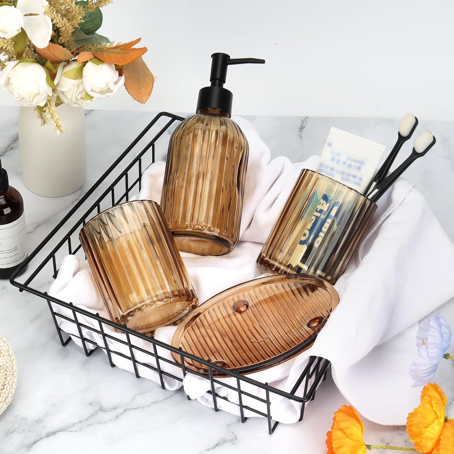 Topsky 4 Pcs Glass Bathroom Accessories Set,13.5oz Liquid Hand Soap Dispenser with Toothbrush Holder,Mouthwash Cup,Soap Dish for Bathroom Countertop,Colored Vertical Stripe Design,Heavy Weight,Amber