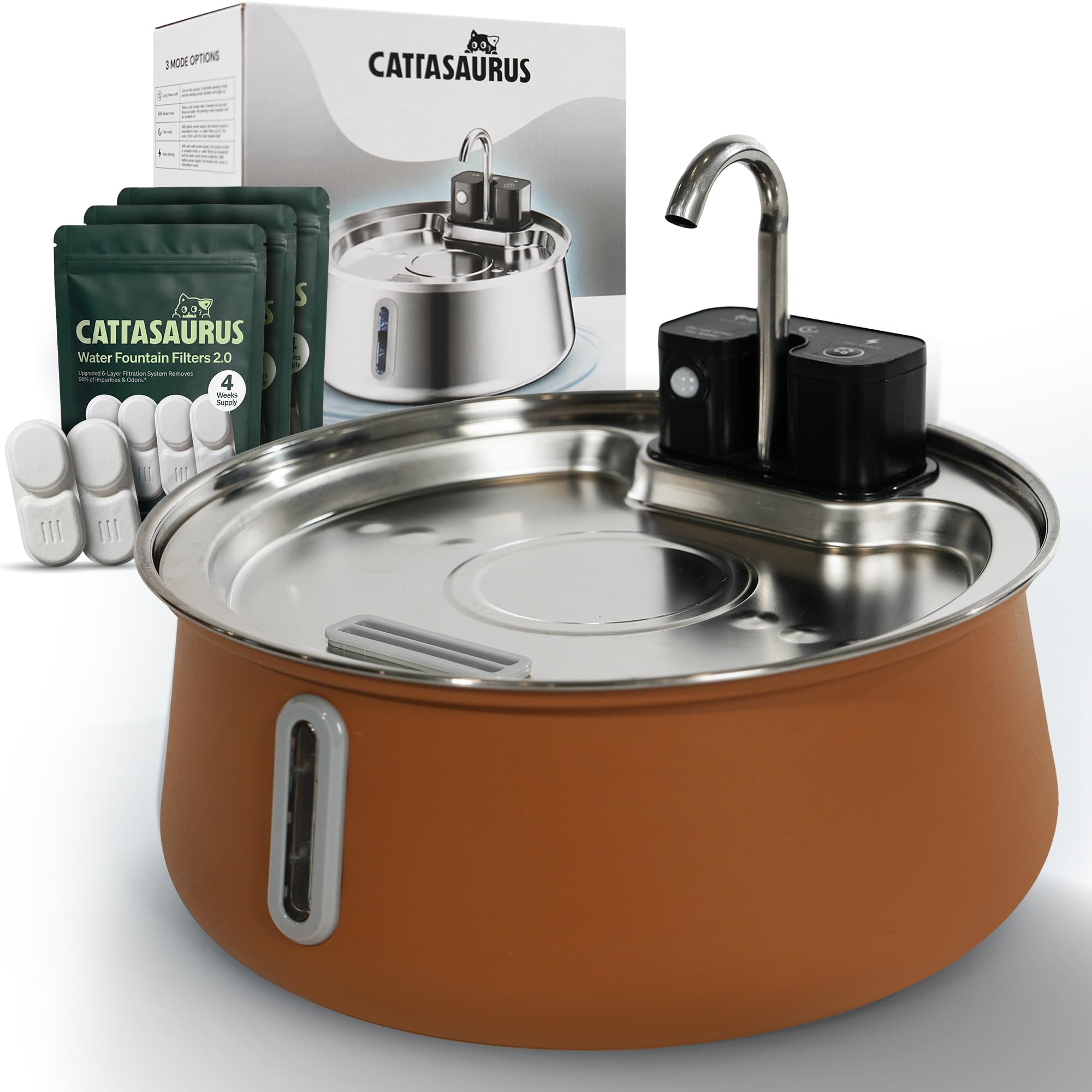Cattasaurus Fontana d'acqua wireless per gatti in acciaio inossidabile 304, fontana automatica da 4 litri (caffè, fontana + 14 filtri (fornitura per 3 mesi)