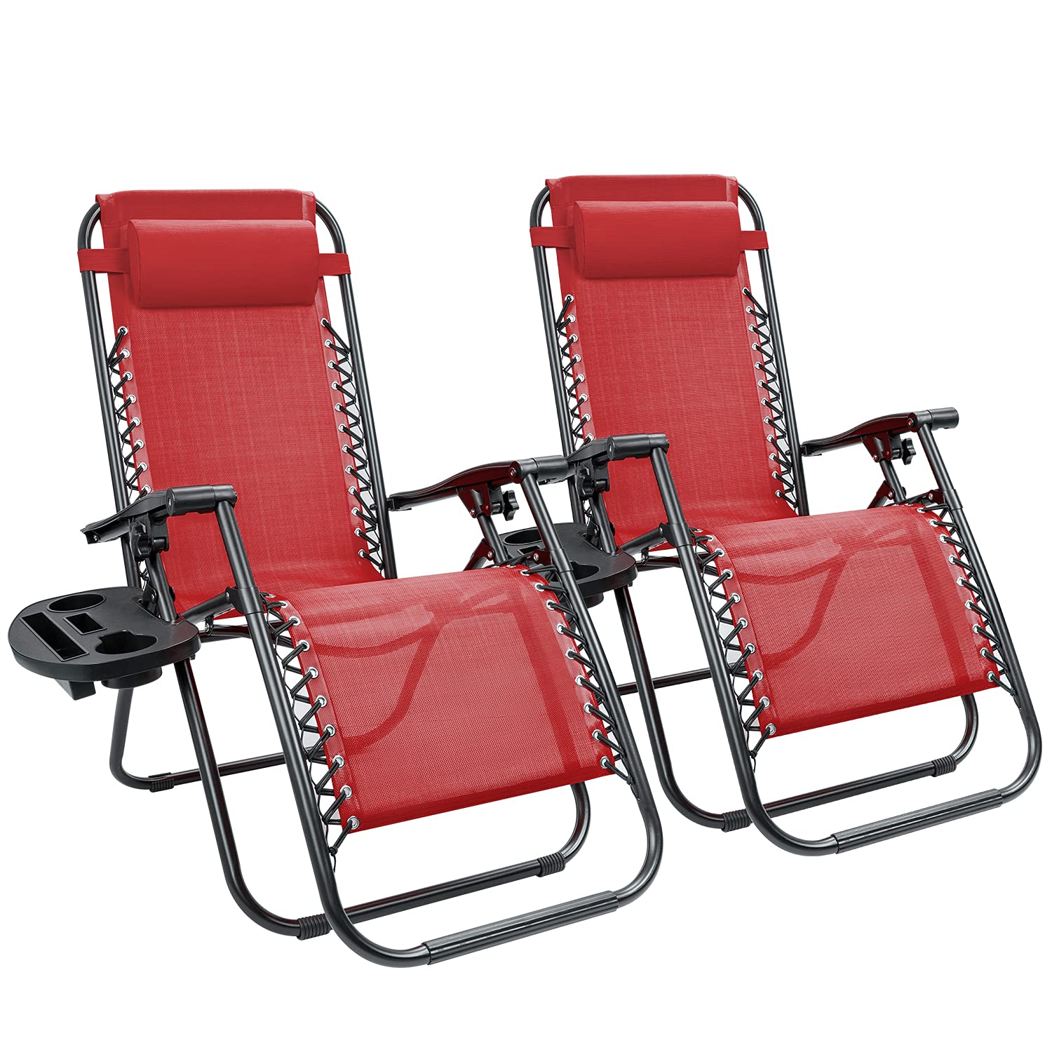 KemonZero Gravity Folding Lounge Outdoor Patio Adjustable Reclining Chair with Pillows and Cup Holders for Beach Set of 2, Red,KM-CRDVC