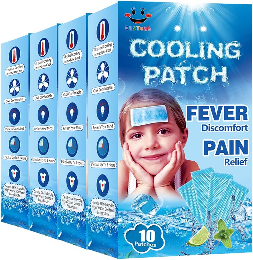 40 Sheets EasYeah Cooling Patches for Fever Discomfort & Pain Relief, Cooling Relief Fever Reducer, Soothe Headache Pain, 10 Count Per Box 4 Boxes