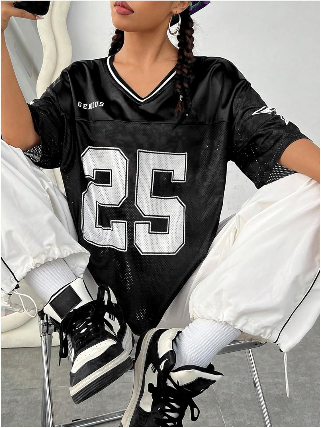 Verdusa Jersey Shirts for Women Y2K Graphic Tees Oversized Streetwear T Shirt V Neck Football Jersey - Image 4