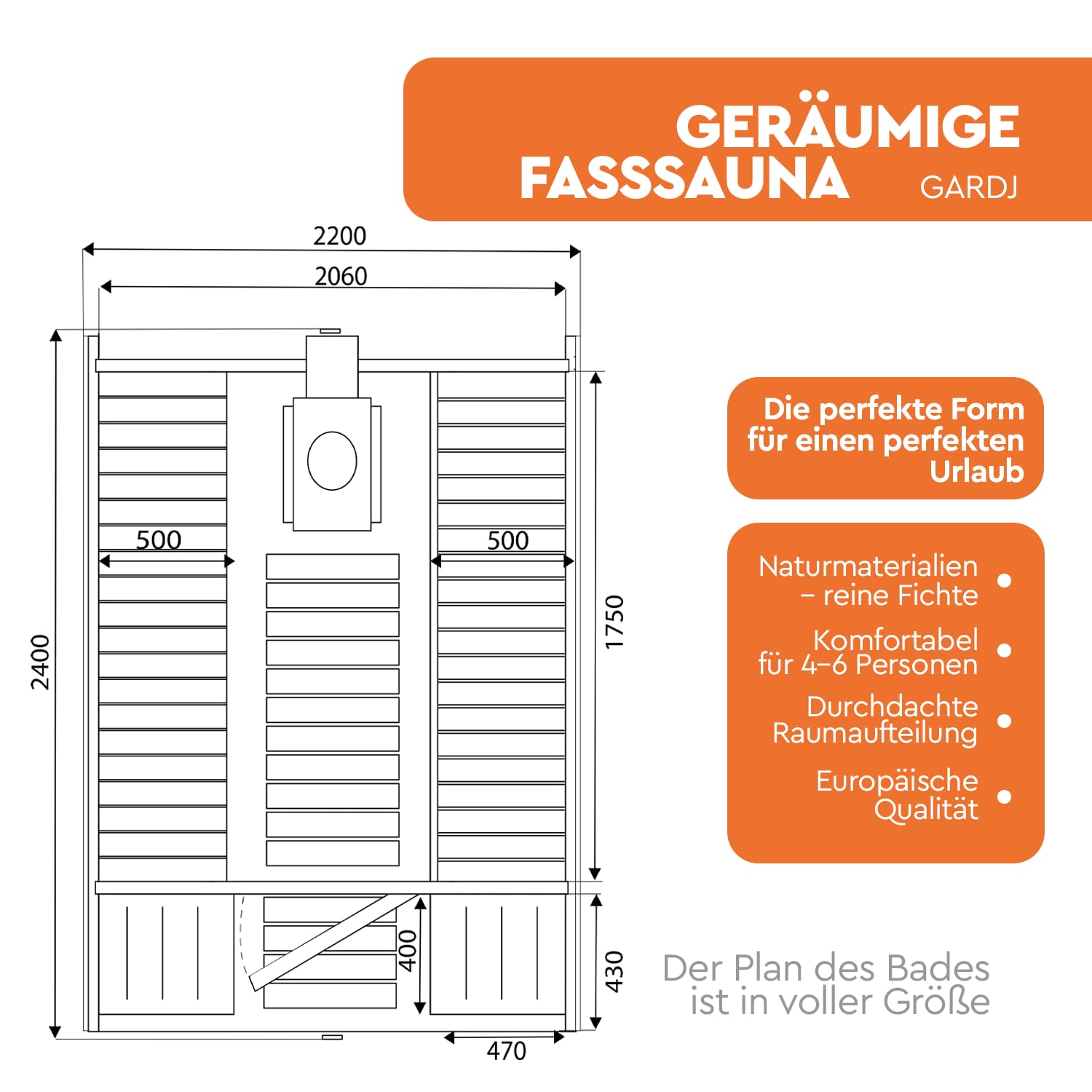 Fasssauna aus nordischer Fichte Garten Outdoor Sauna 240 cm Runde Holzofen inkl. Zubehörset