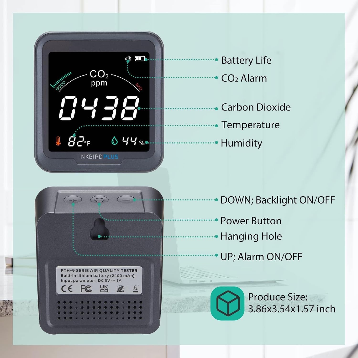 INKBIRDPLUS Ndir Air Quality Monitor Indoor, CO2 Monitor in Home, Room