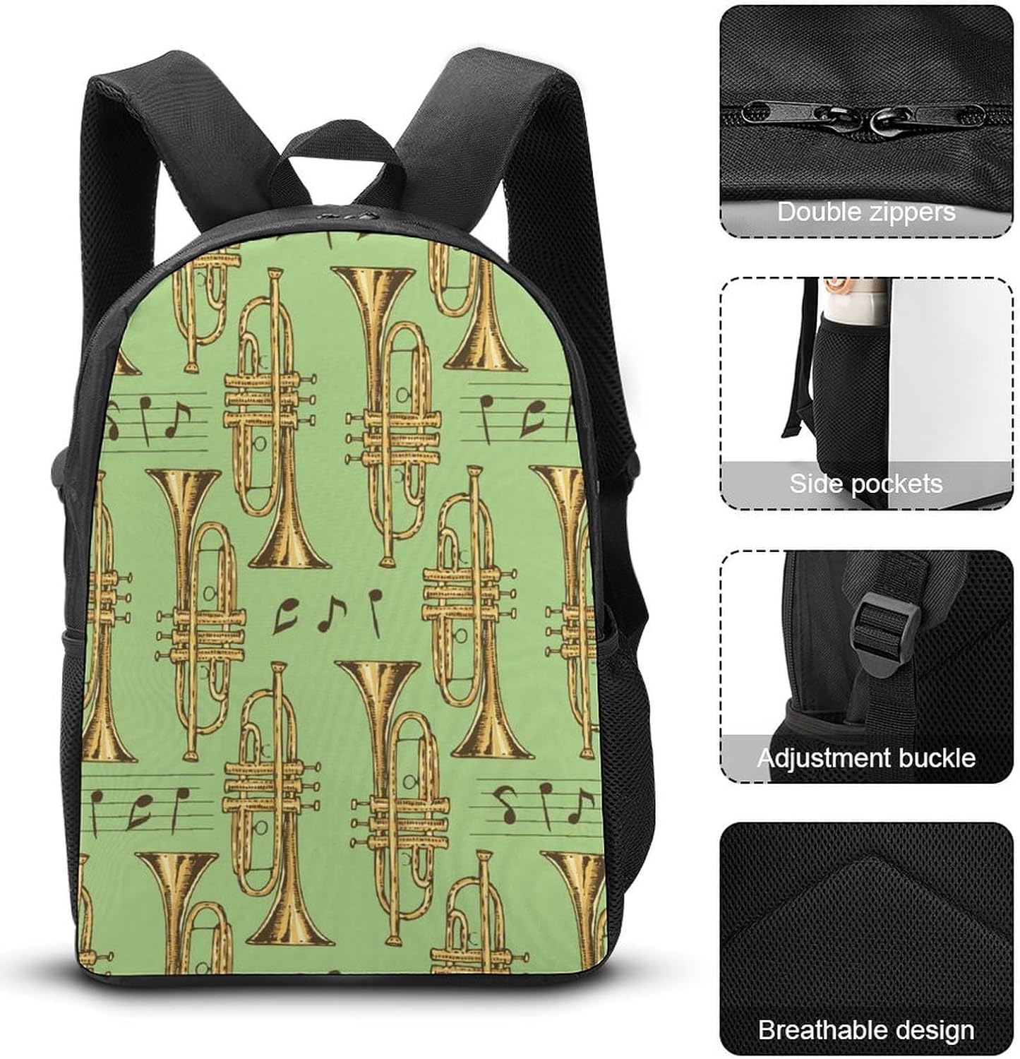 Golden Trombones of Music Notes Pattern 3 Piece Backpack Sets With Lunch Bag Pencil Case Combination Hiking Travel Work