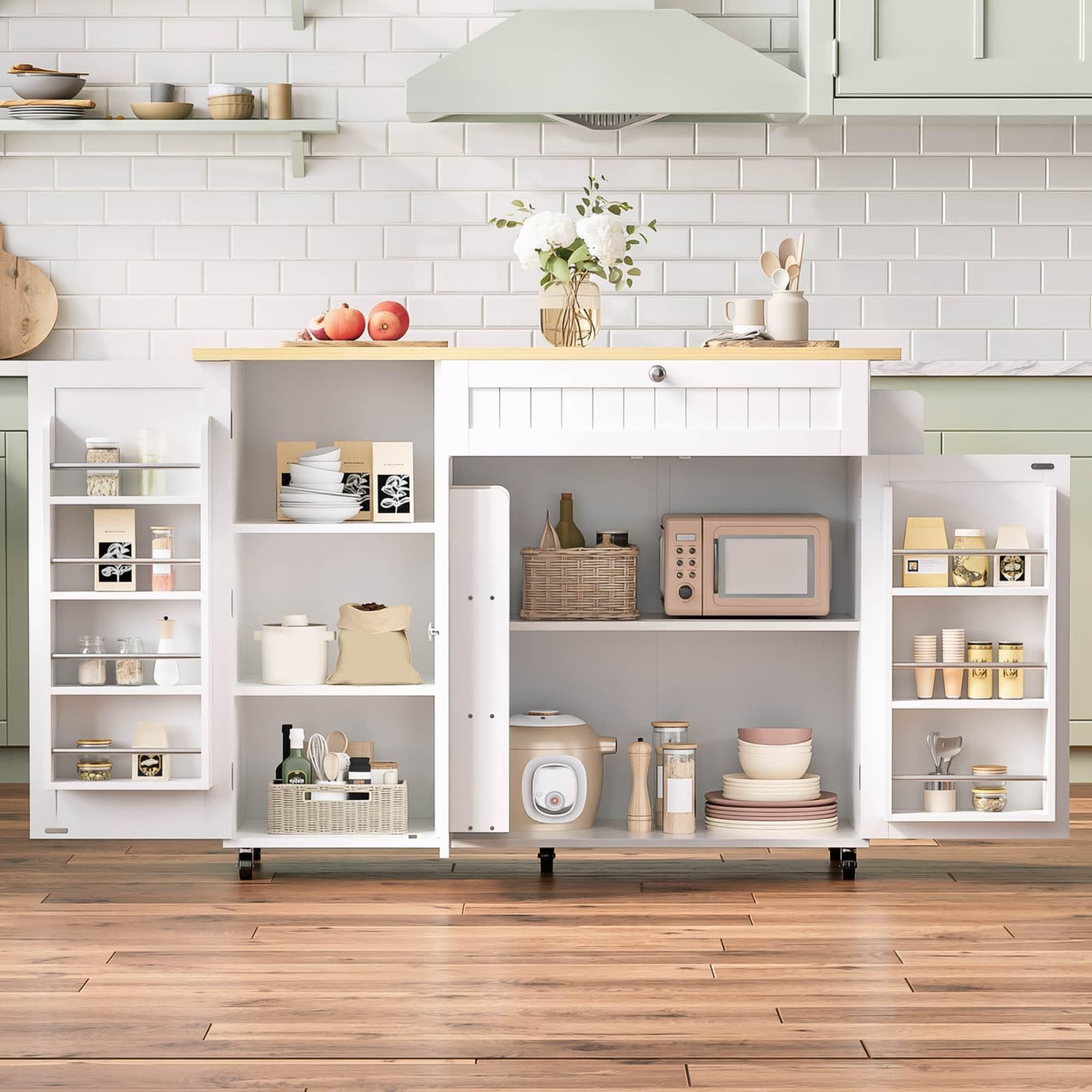 KOMHTOM Desserte de Cuisine à roulettes avec Plan Travail Rabattable Chariot Rangement Grand Tiroir Placard Blanc Bois(120cm Classique Blanc)