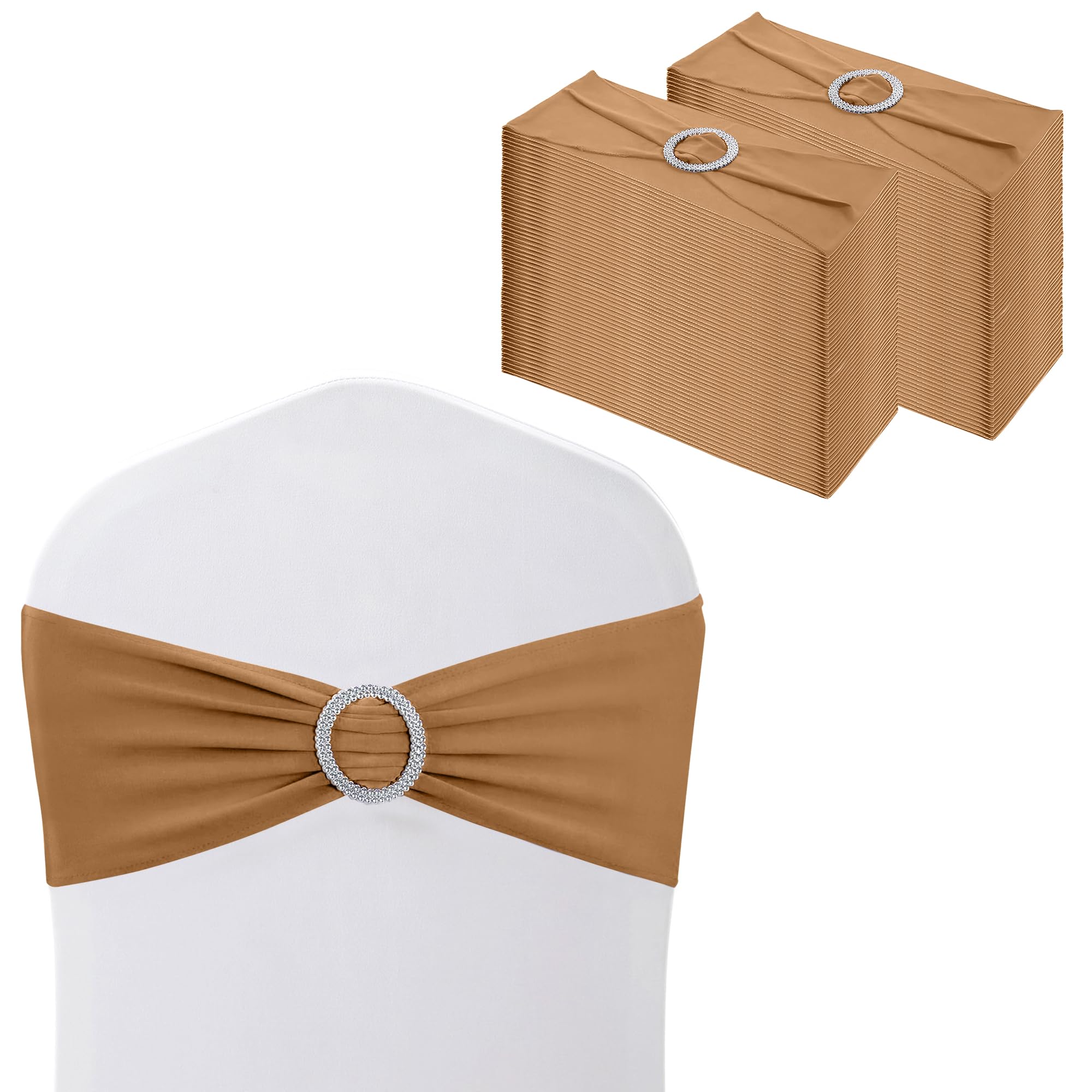 WedDecor Spandex Chair Band with Slider Buckle Stretchy Shiny Fabric Chair Bands Sash For Wedding, Party, Reception, Birthday, Decoration, Events Supplies, 13 x 6 Inches, Gold, 100Pcs — image 1