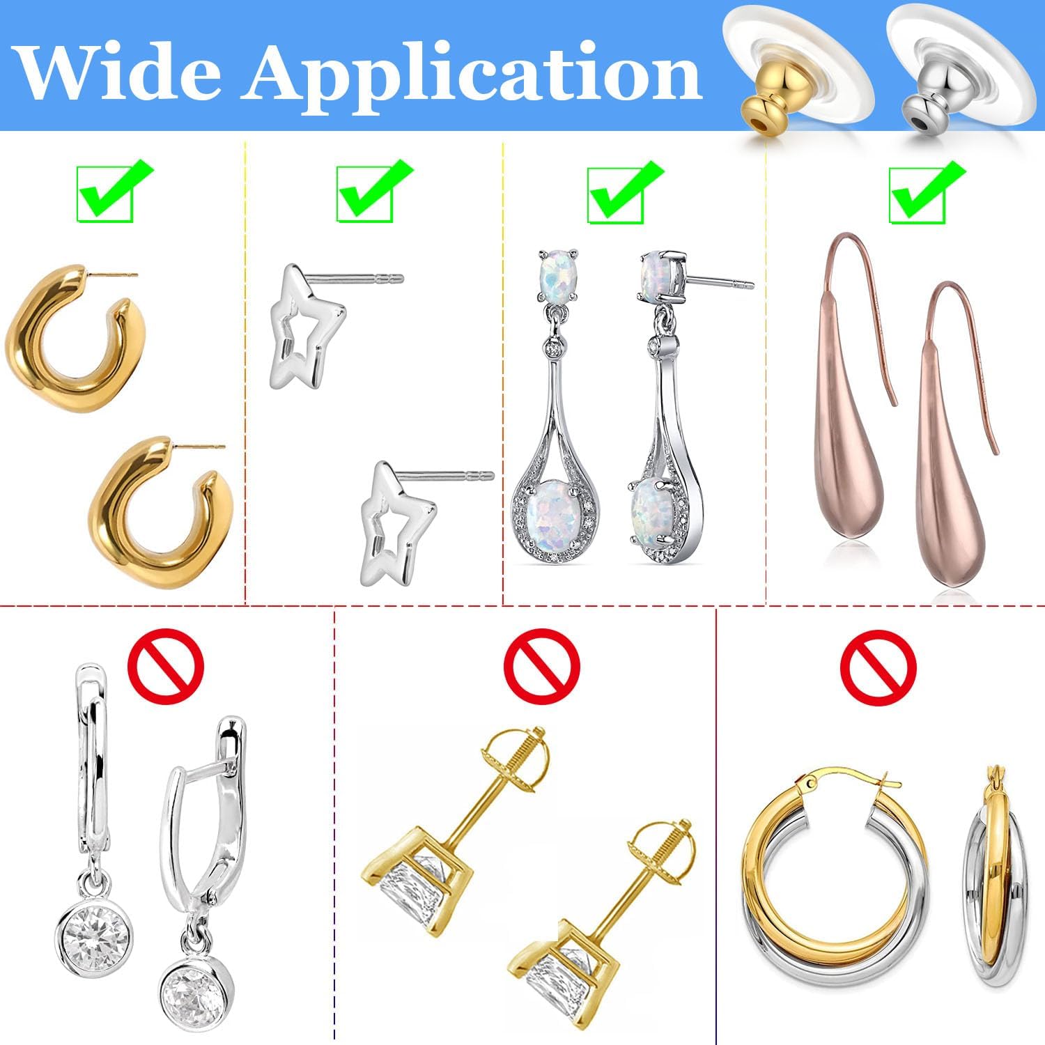 12mm Earring Backs, Transparency Bullet Earring Backs Replacements for Droopy Ears Large Locking Support Backings for Heavy/Droopy and Big Earrings Lifter Backers for Studs, Gold+White