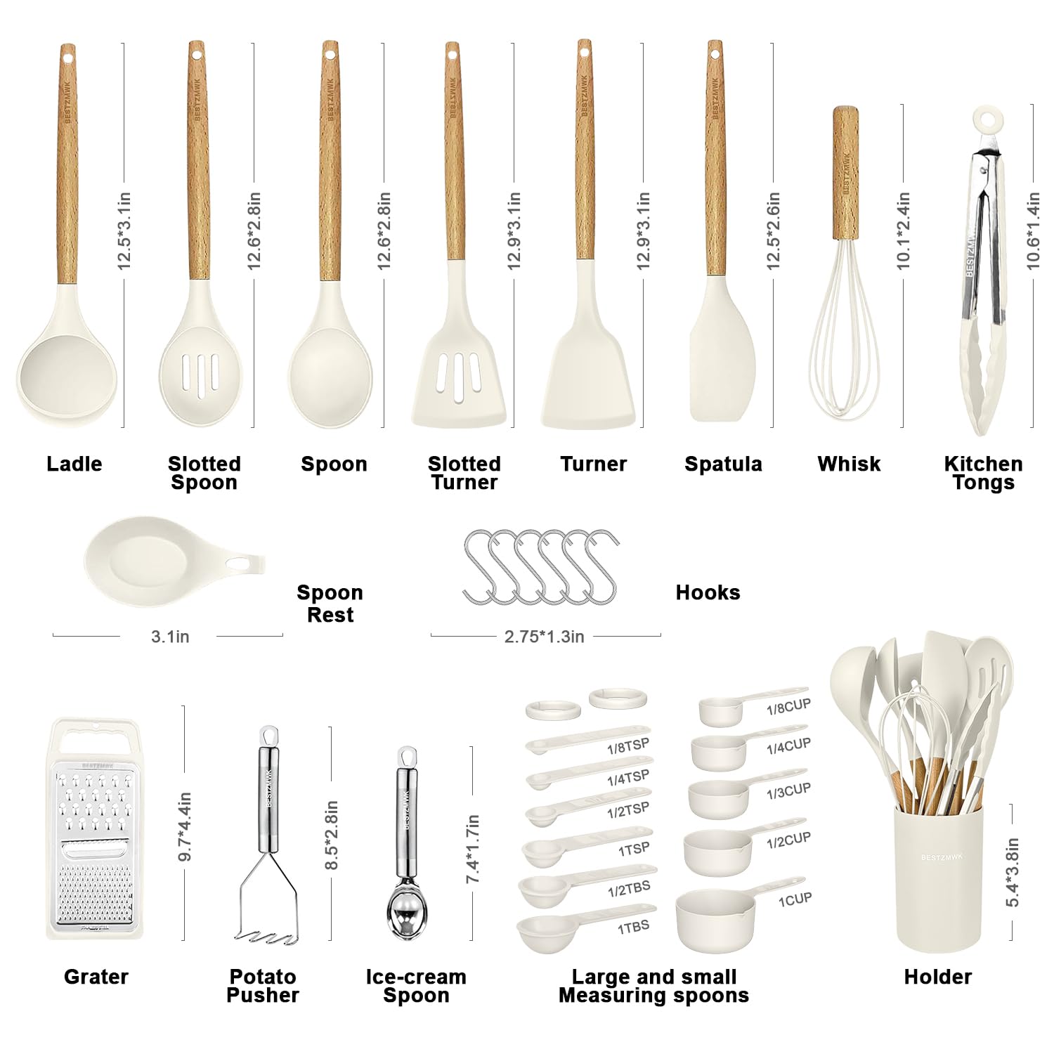 Kitchen Cooking Utensils Set,29 pcs Non-Stick Silicone Cooking Kitchen Utensils Set with Holder, Wooden Handle Silicone Kitchen Gadgets Utensil Set Spatula Turner Spoon Tongs Whisk (White)