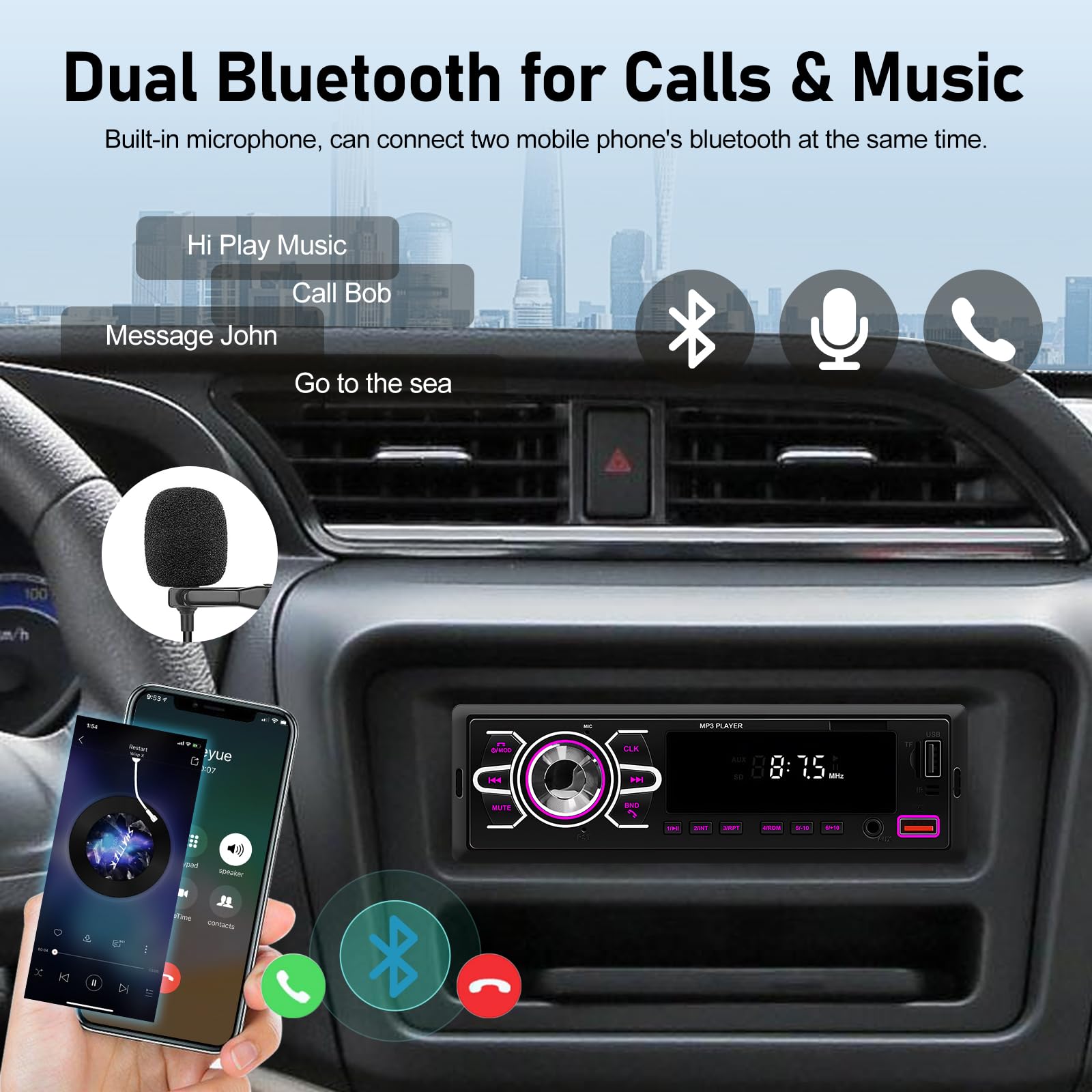 NHOPEEW Autoradio 1 Din - Stereo Auto con doppio Bluetooth 5.1 - FM Radio Auto Supporto Tendone Luminoso Colorato - Controllo delle ruote Streel/U Disk/AUX in/TF Card play