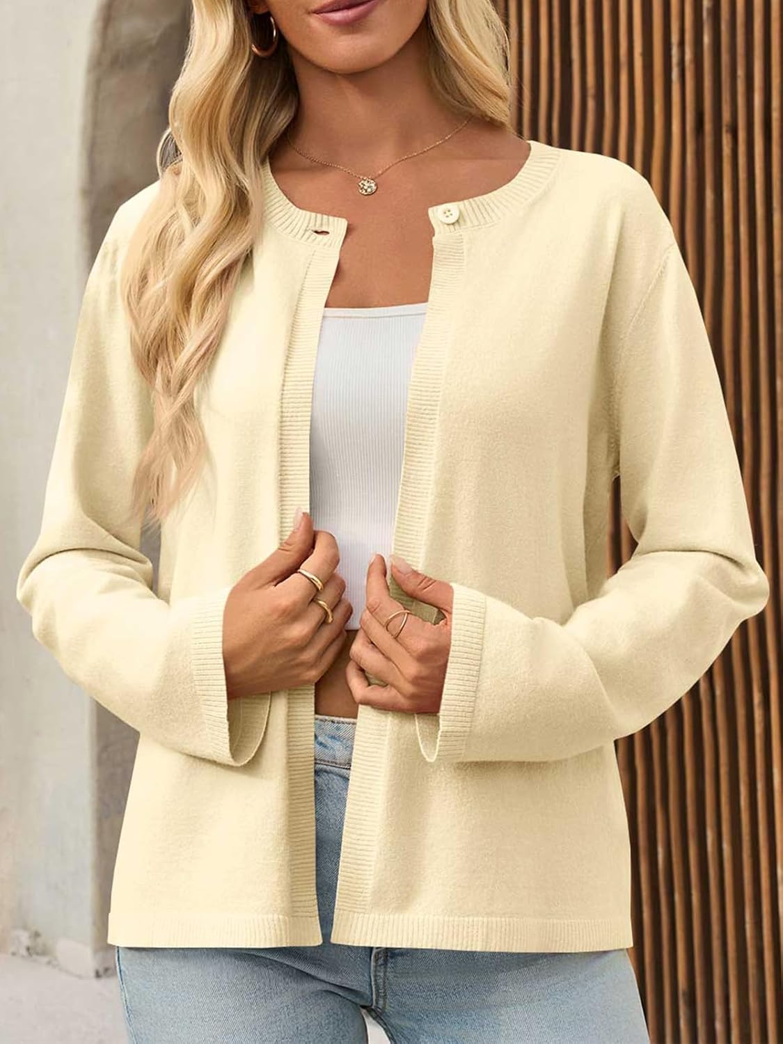 Saodimallsu Womens Lightweight Cardigans Open Front Long Sleeve One Button Casual Crewneck Loose Knit Shrug Sweater - Image 4