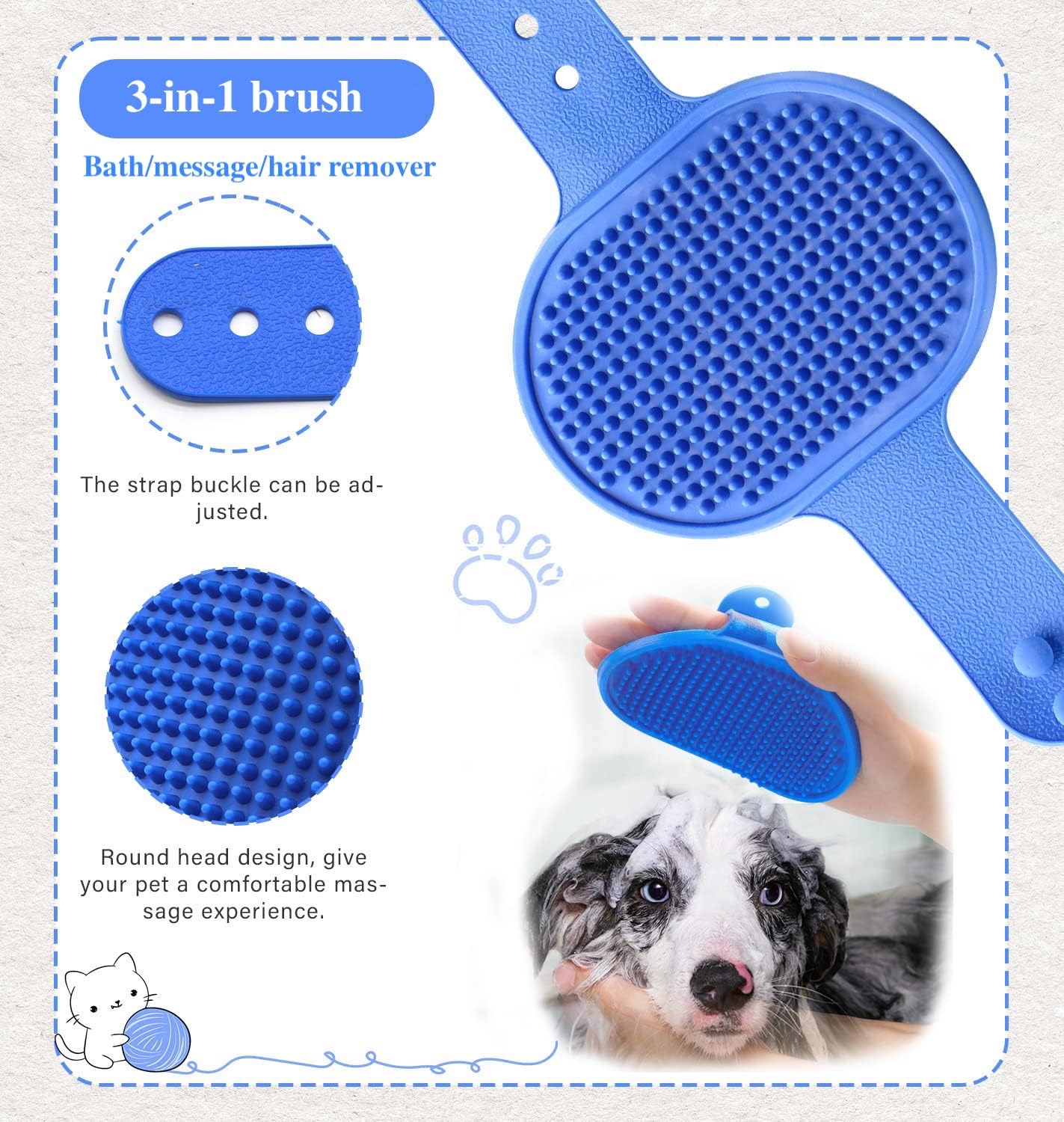 3 cepillos de baño para perros, cepillo de champú para perros para baño, no se resbala, ducha de mascotas, cepillo de lavado de masaje con mango de anillo ajustable para perros y gatos de pelo corto y