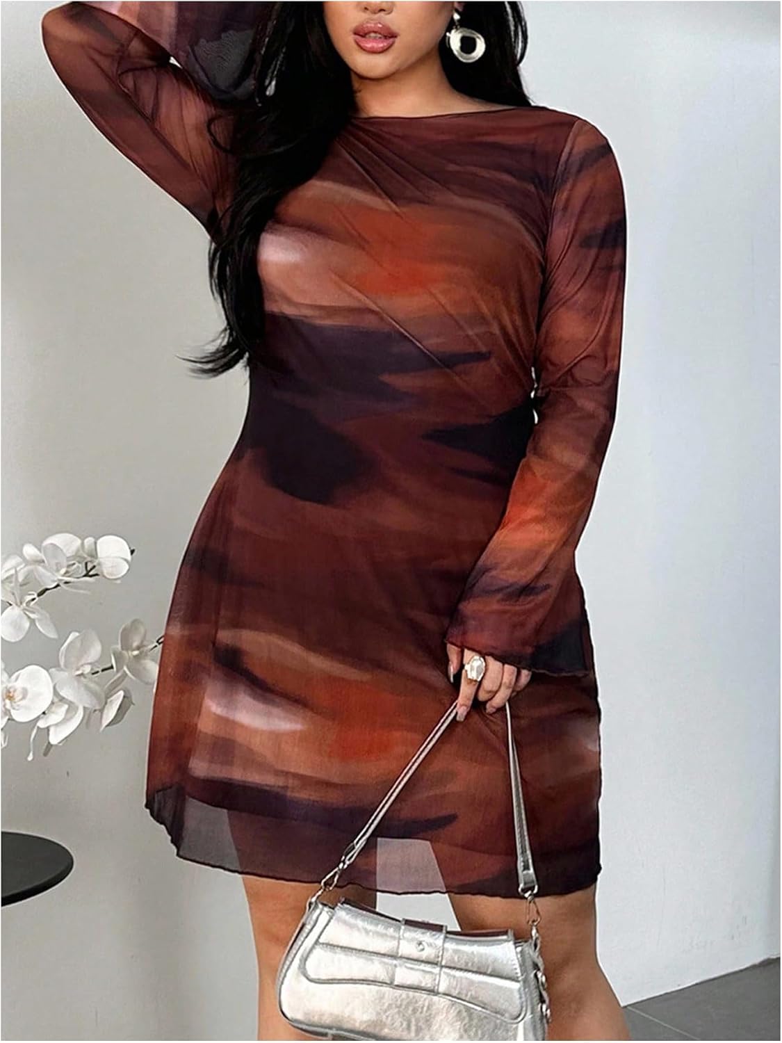 Milumia Women's Plus Size Tie Dye Long Bell Sleeve Mini Dress Backless Holiday Party Short Dress