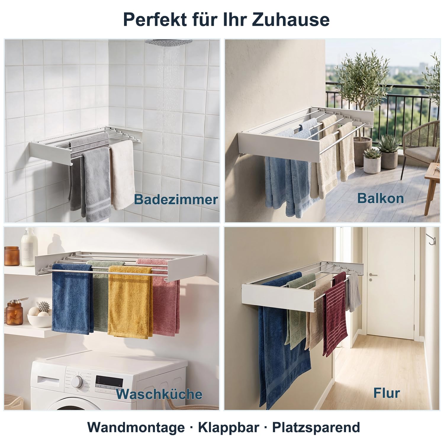 FUSHITON Wandklappbarer Wäscheständer 5 Stangen, Faltbarer Handtuchhalter aus Aluminium + Carbonstahl, Platzsparender Wäscheständer für Bad & Balkon, max. 10 kg Belastbarkeit, Weiß