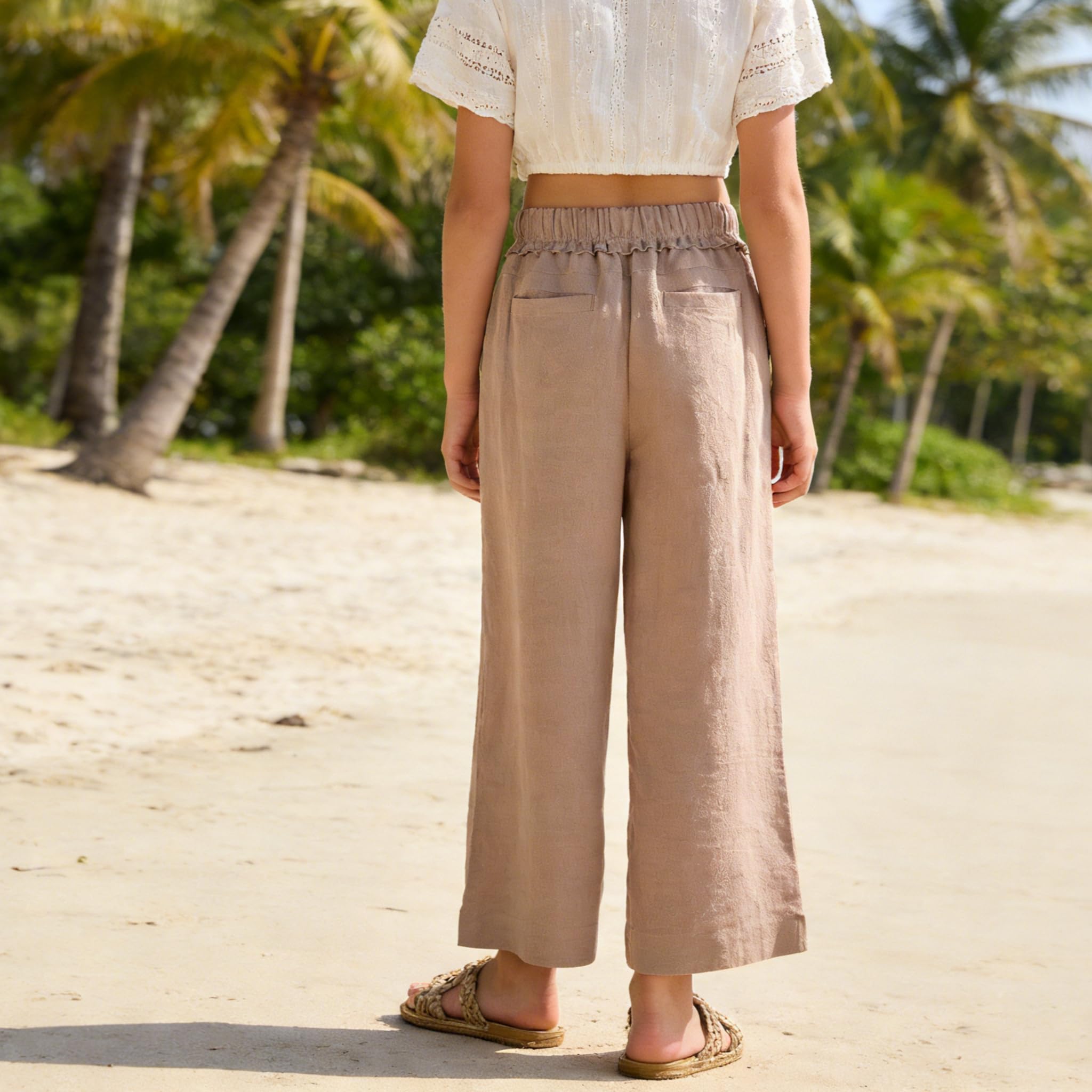 Pantalones de Lino para Niñas, Cintura Elástica Pierna Ancha Palazzo Playa con Bolsillos