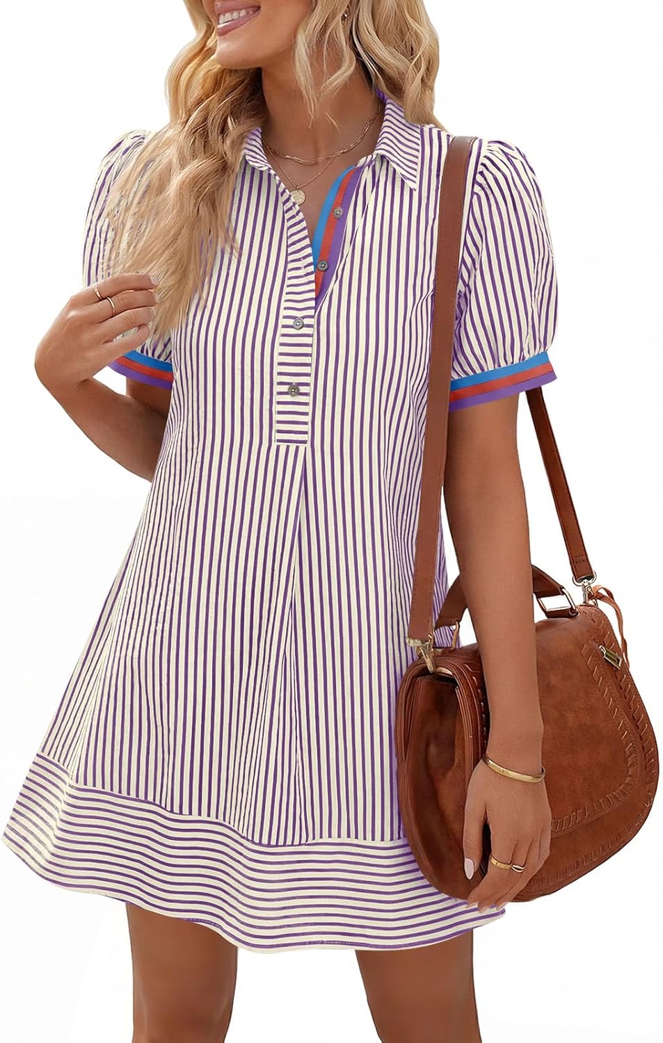 Wenrine Womens Summer Striped Mini Dresses Puff Short Sleeve Loose Fit Casual Button Collared Shirt Dress with Pockets