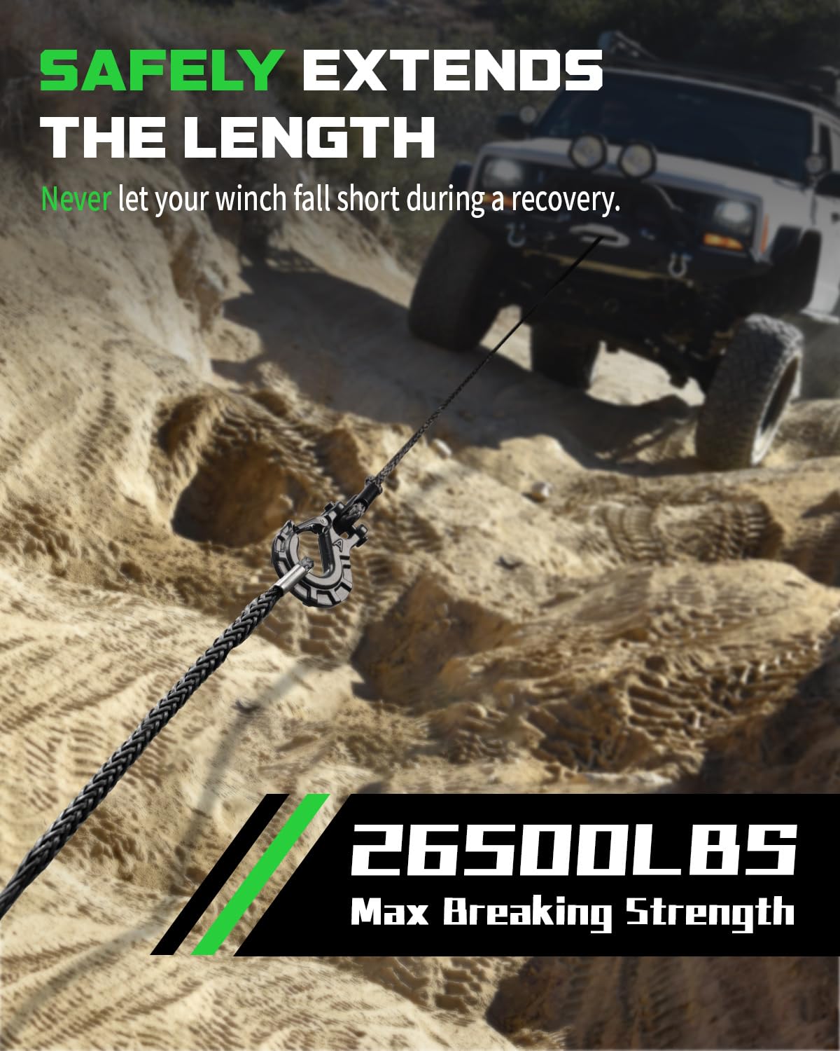 DAYDOOR Seilverlängerung, 1,9 cm x 15,2 m, synthetisches Seil, 12 kg Seilwinde für Geländewagen, ATV, UTV, SUV, Jeep (grau)