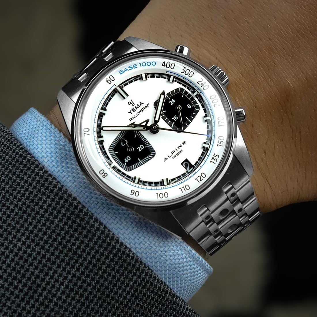 YEMA Rallygraf Alpine Cronógrafo Híbrido Mecánico Cuarzo Acero Negro Cuero Blanco Fecha Reloj Hombre