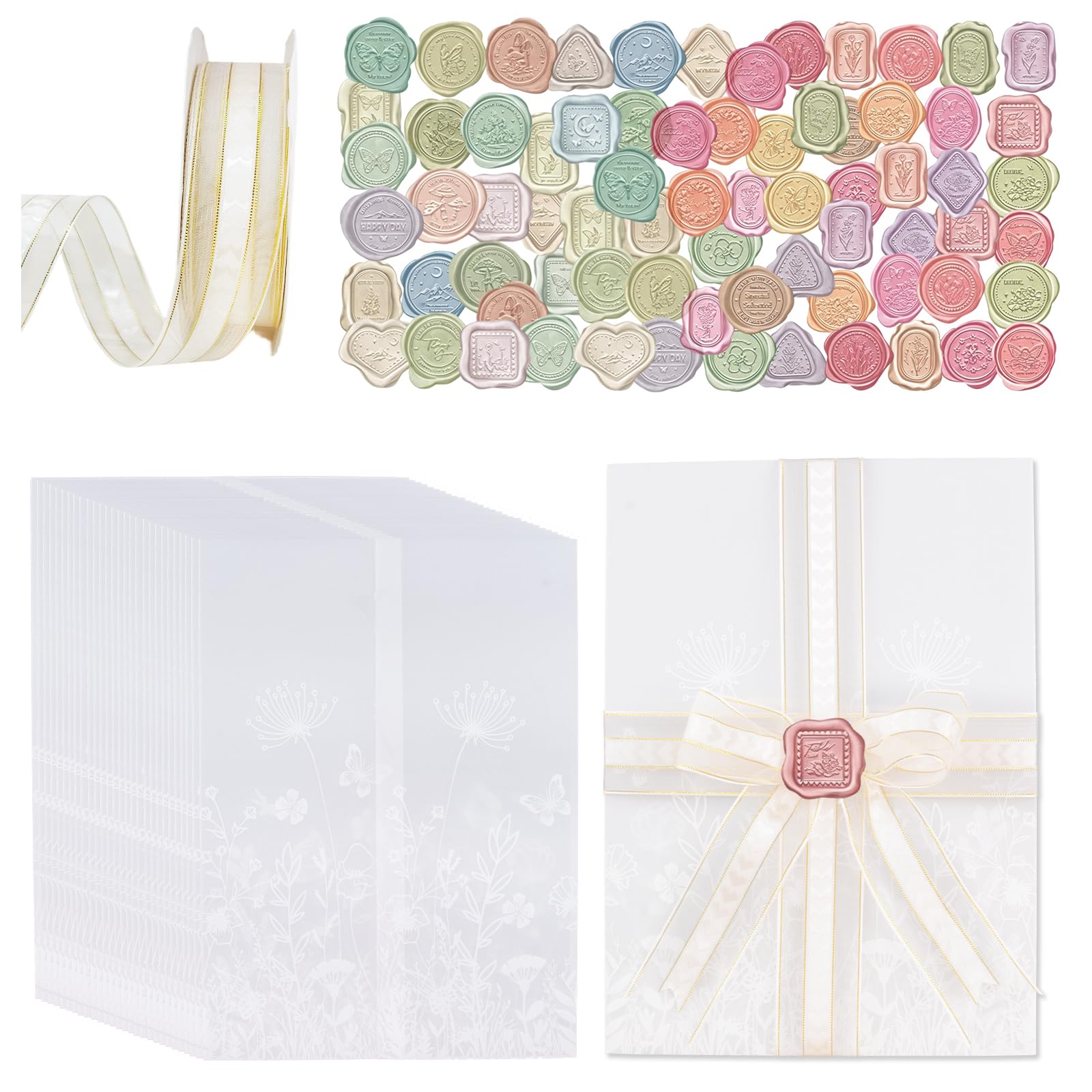 URROMA 50 PACK Invitation Envelopes Set-White Foil Print Wildflower Translucent Vellum Jackets for 5x7 Wedding Invitations with Wax Seal Stickers Chiffon Silk Ribbon