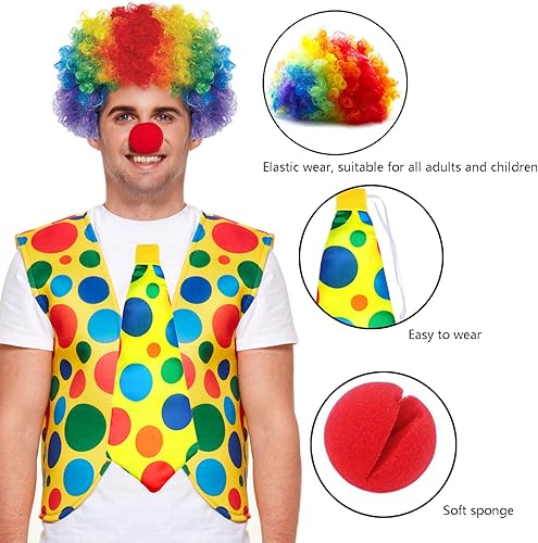 Miniatura 3 de Ioffersuper Juego de 5 piezas de suministros de disfraz de payaso, zapatos de payaso de nariz roja, peluca de payaso arco iris, chaleco para corbata
