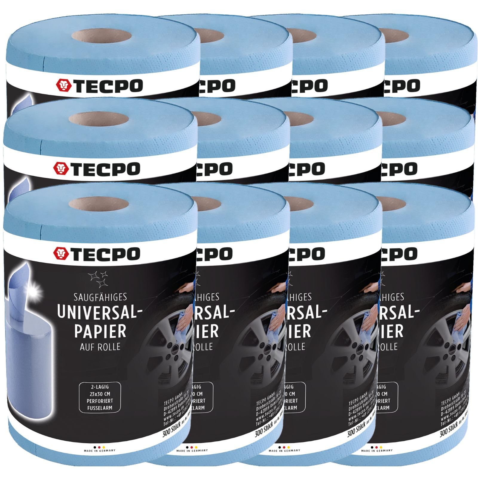 TECPO Rotolo di carta da 3600 fogli, 23 x 30 cm, a 2 strati perforati, rotolo di panno riciclato blu, per pulizia assorbente, adatto per industria, officina, ristorante e commerciale (12 x 300 fogli)