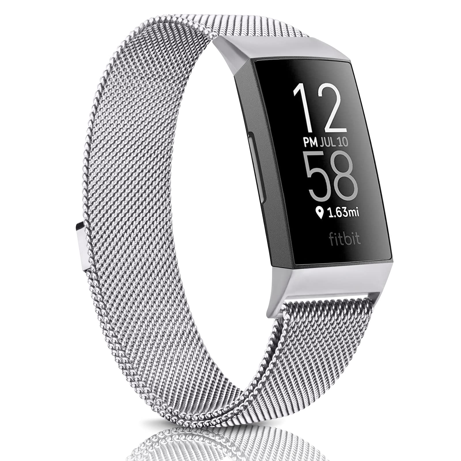 Amzpas Compatible with Fitbit Charge 3 Strap/Fitbit Charge 4 Strap, Adjustable Mesh Loop Stainless Steel Metal Strap Wristband with Unique Magnet Lock for Fitbit Charge 3/Charge 4 (01 Sliver, S)