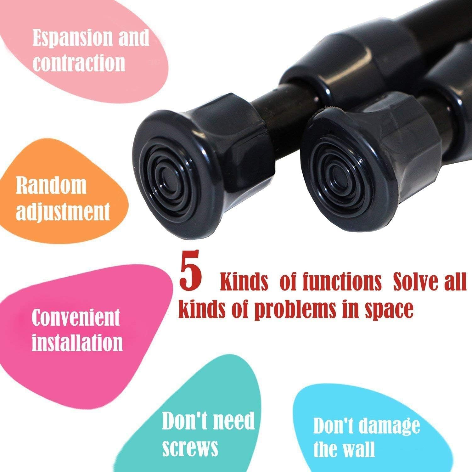 Blu-Pier Tech Spring Tension Rods, 2 Pack Adjustable Spring Steel Cupboard Bars Tension Curtain Rod Extendable Width 18”-28” inches,Black
