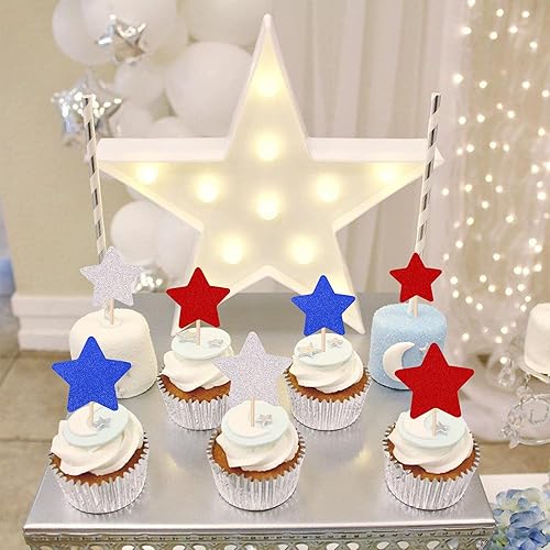 Miniatura 5 de 30 piezas de decoración para cupcakes del Día de la Independencia con purpurina azul, rojo y plateado centelleante de estrella, para bodas,