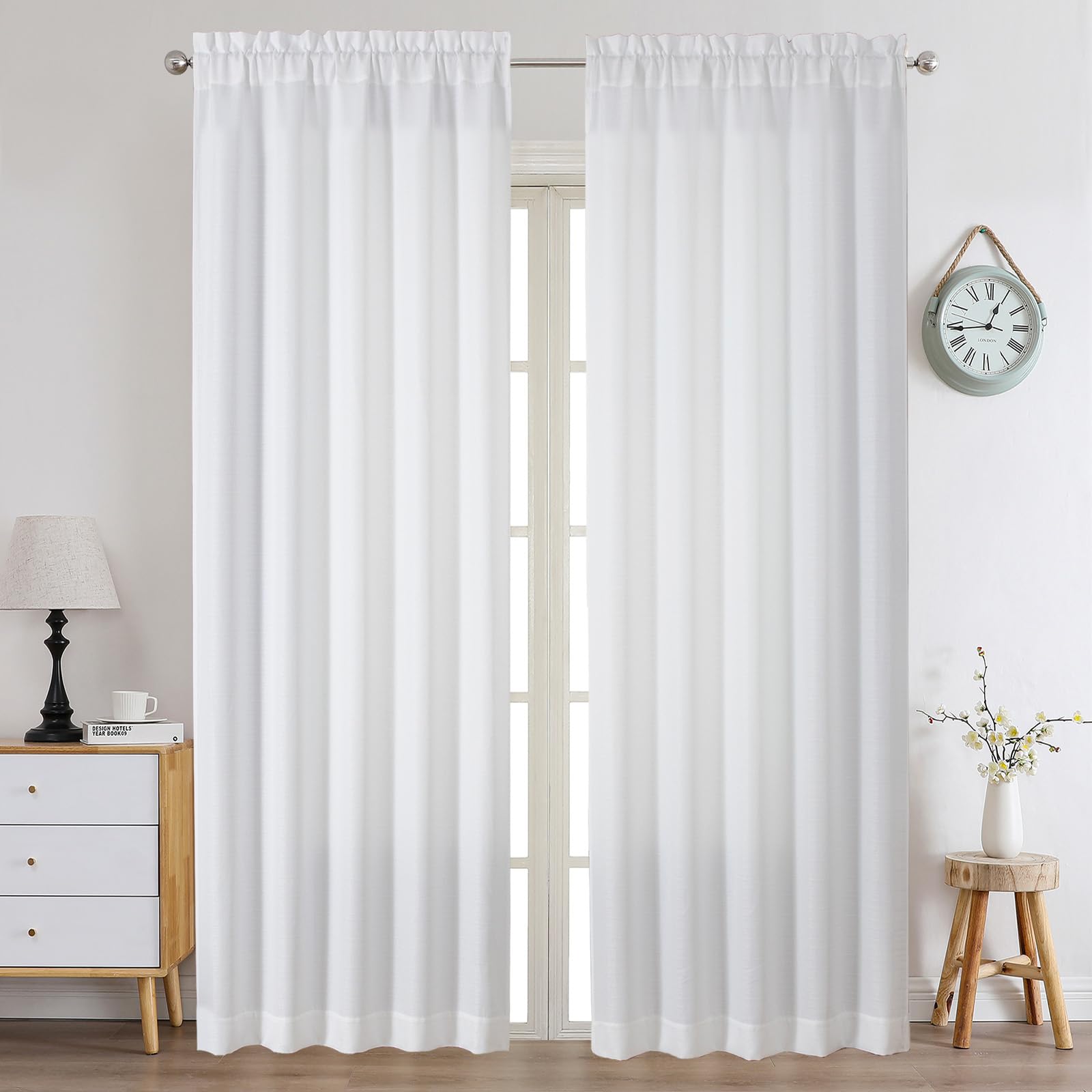 Photo 1 of Chyhomenyc White Curtains 96 Inch Length 2 Panels Set, Faux Linen Textured Semi Light Filtering Soft Airy Farmhouse Window Curtain Drapes for Living Room Bedroom, 50Wx96L
