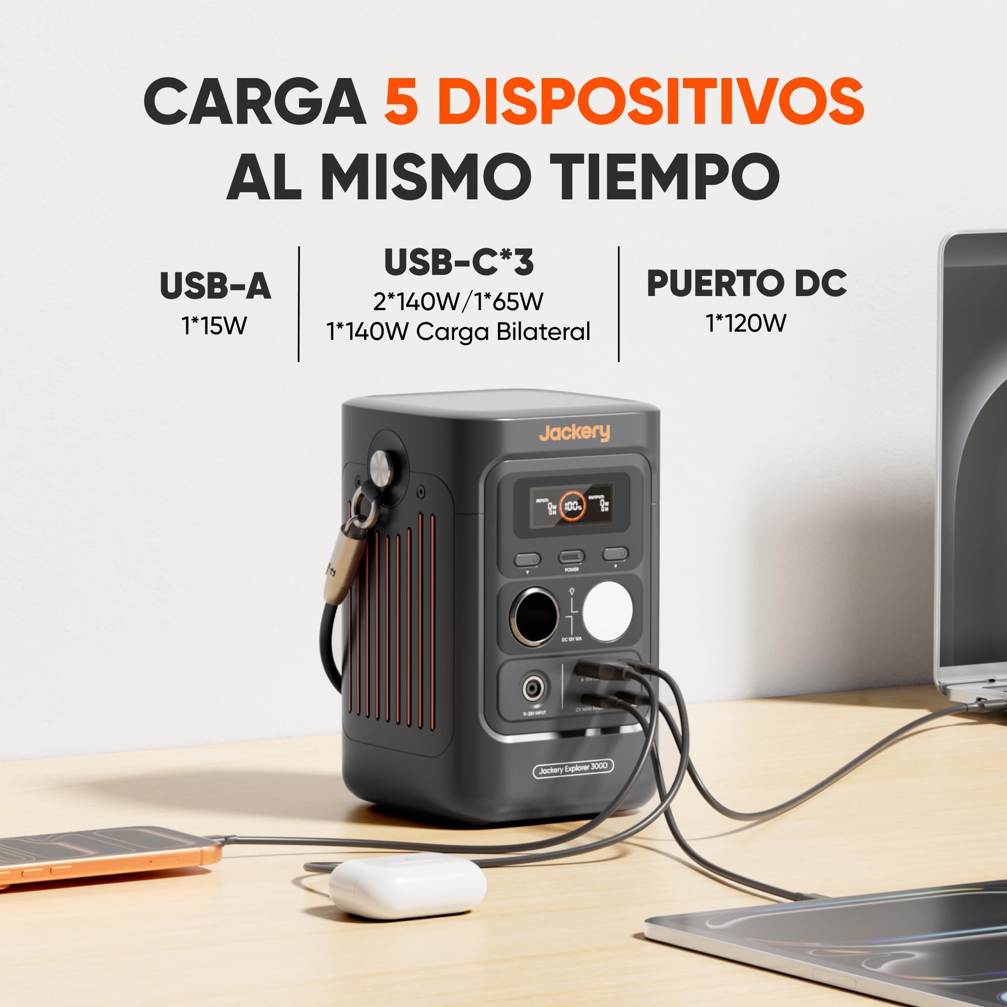 Jackery Explorer 300D Estación de Energía Portátil, 288Wh Batería LFP, Cable 2 en 1 para Transportar y Cargar, 5 Puertos USB-C/USB-A/CC 300W, Generador Solar para Actividad al Aire Libre, Teletrabajo