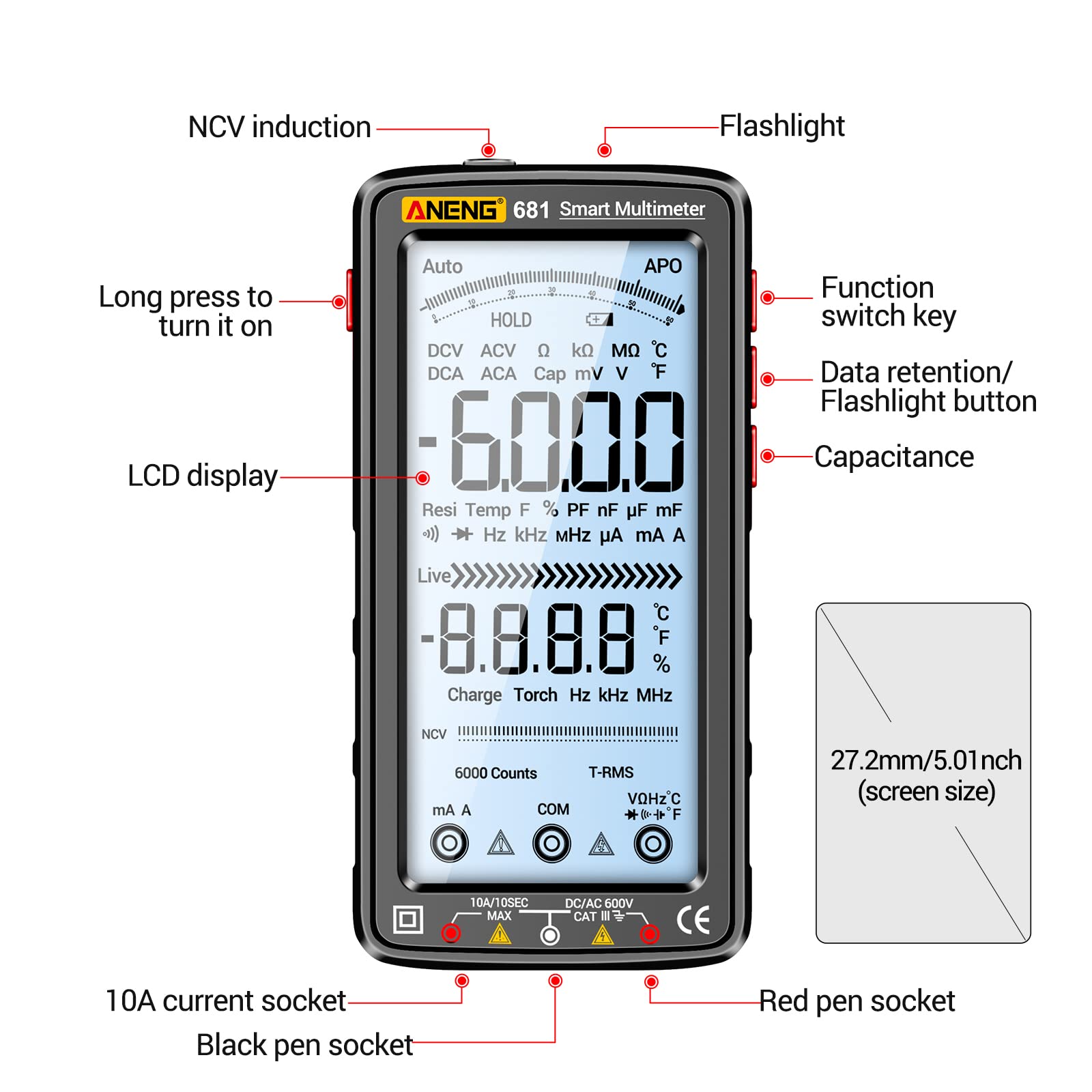 681 6000 Conta Multimetro digitale Smart Anti-burn Ricaricabile Misuratore universale NCV Tester LCD grande da 5 pollici con torcia retroilluminata per tensione Corrente Resistenza acità