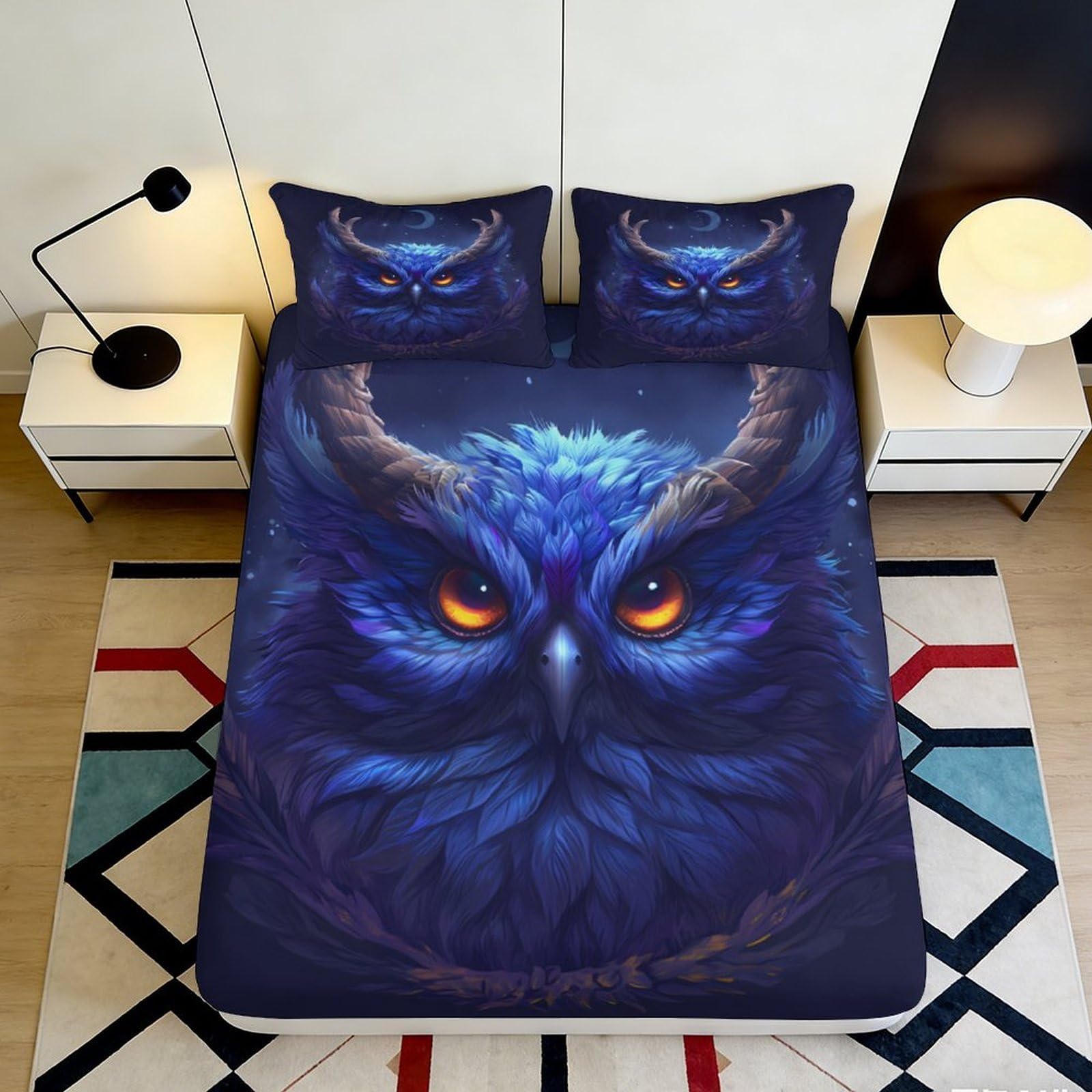 3D Printed Owl Fitted Sheet Microfiber Deep Pocket Non-Slip Bedroom Bedding Owl Mattress Fitted Cover Washable 200x200x25cm 90x200x25cm