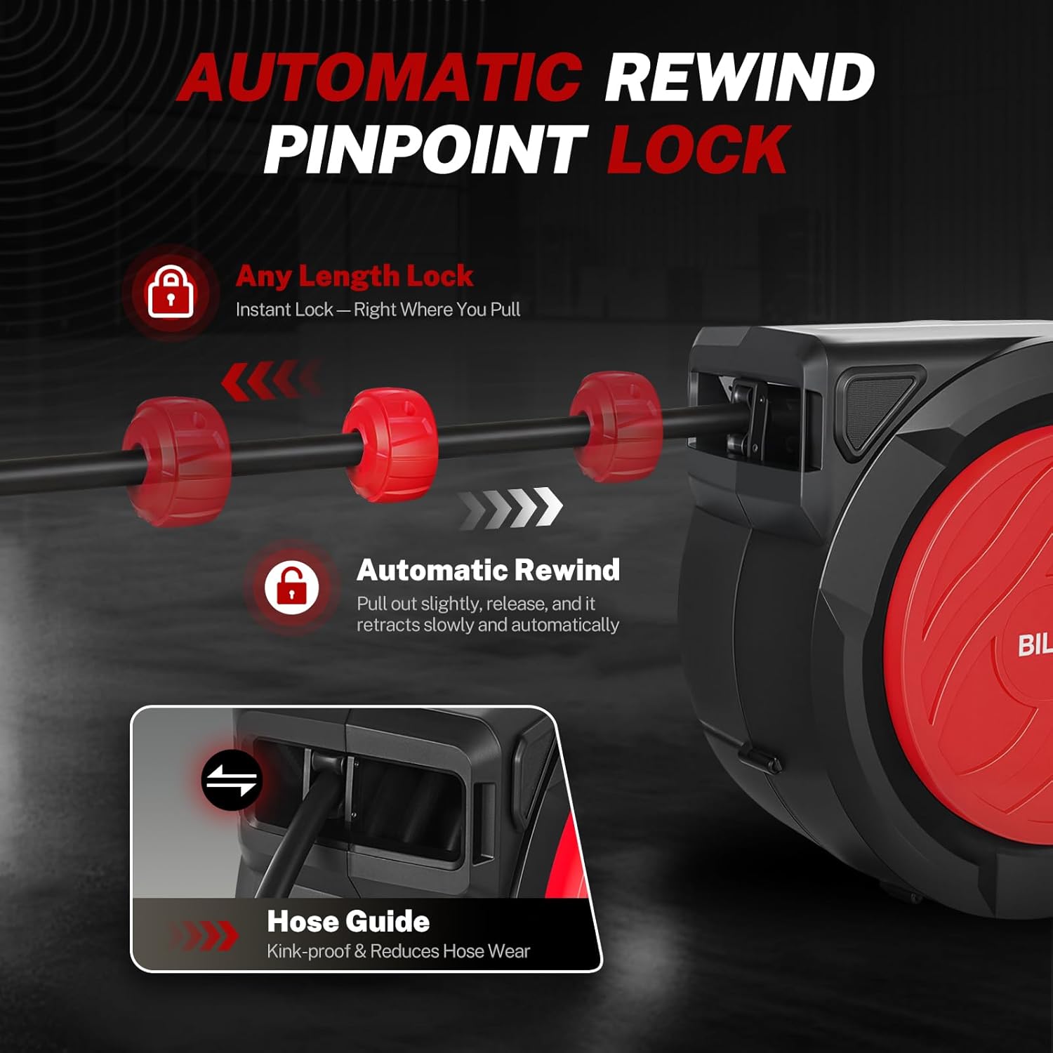 BILITOOLS Retractable Air Hose Reel, 1/2" x 50 ft High Flow Hybrid Air Hose Max 300PSI, Enclosed Air Compressor Hose Reel with Smooth Auto Rewind & 5 ft Lead-In Hose, 180° Swivel Wall/Ceiling Mount