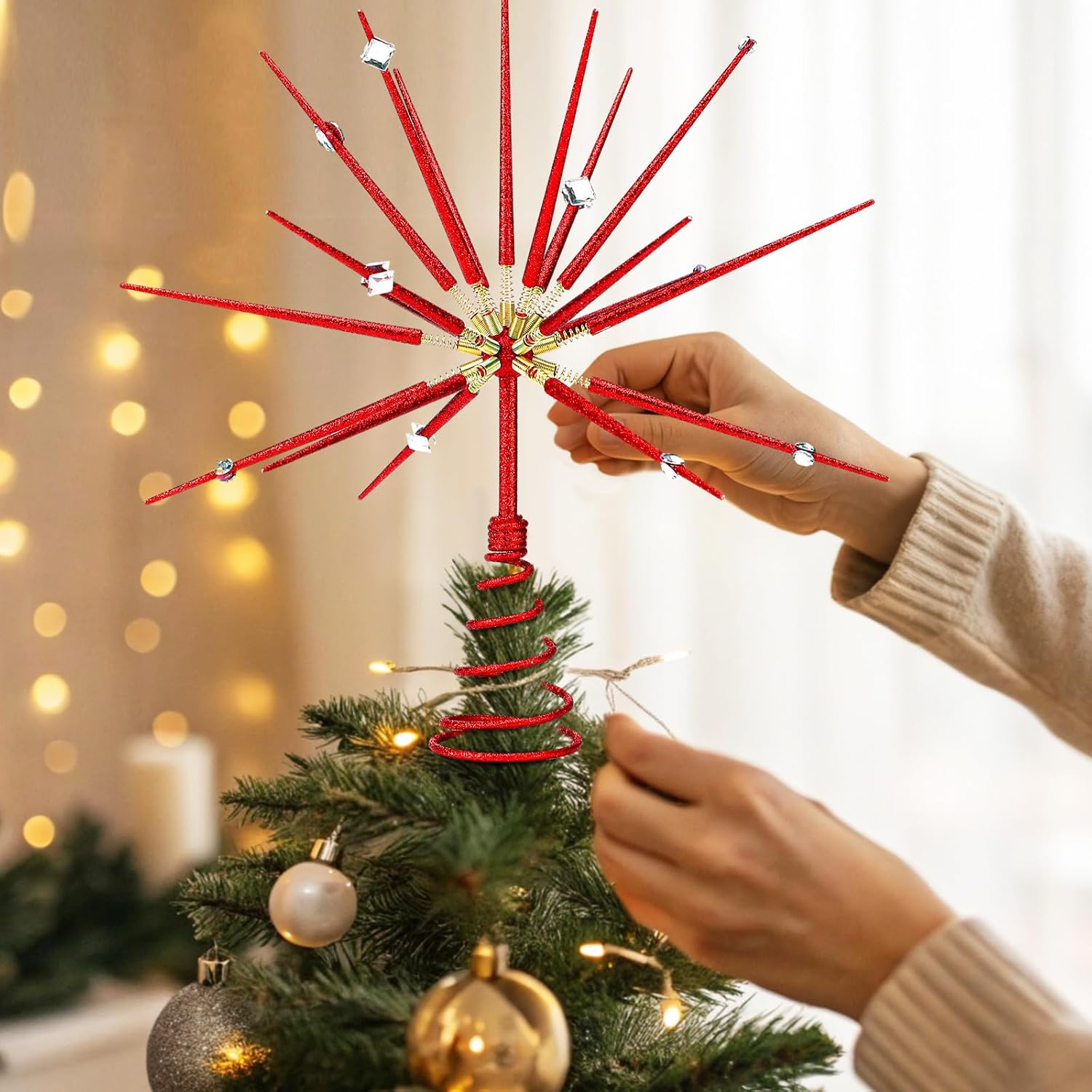 Cinnvoice Red Christmas Tree Topper 15 Inch Red Starburst Tree Topper Glitter Exploding Star Christmas Decoration Vintage Xmas Ornament Holiday Decorative Star for Xmas Home Decor