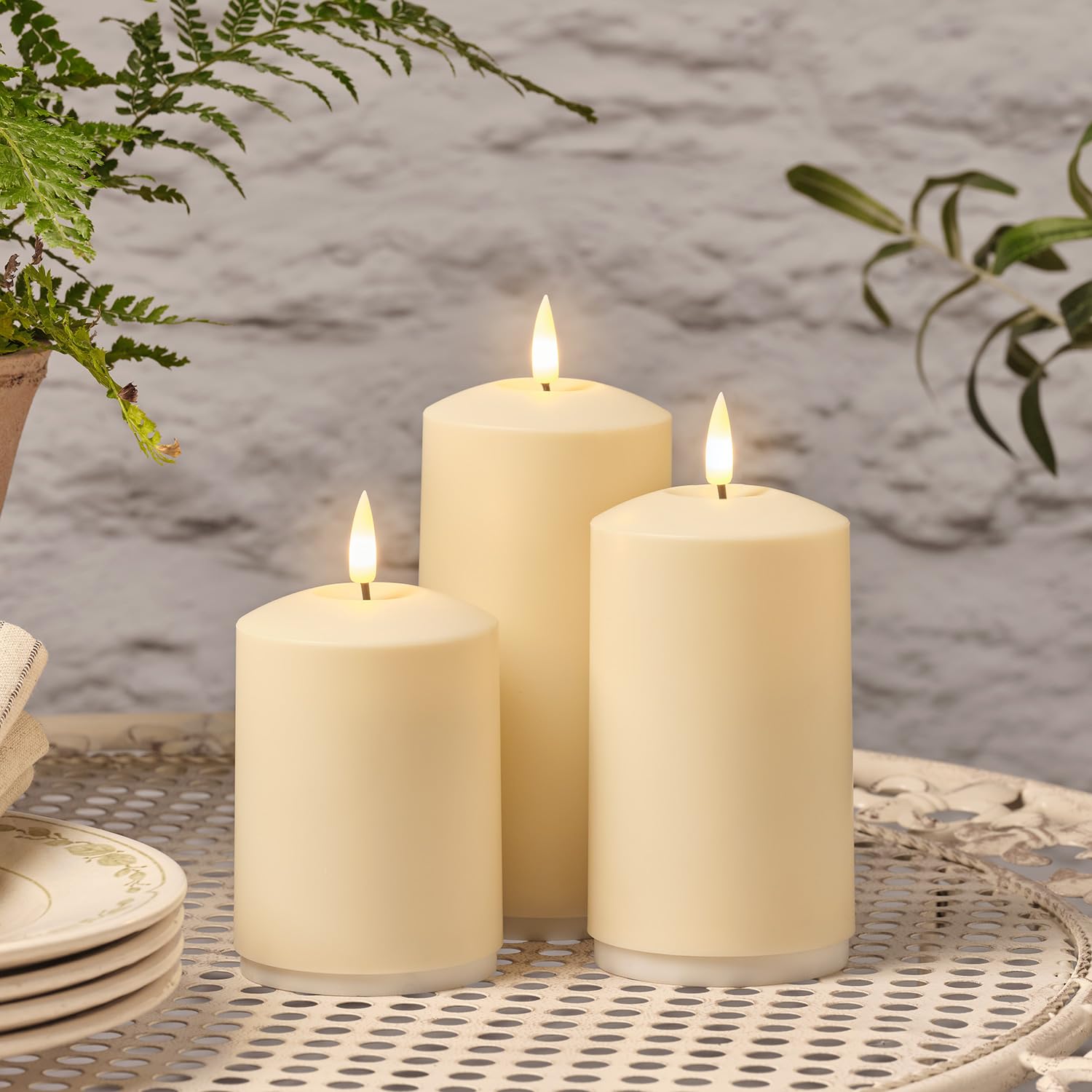 Lights4fun Set of 3 Rechargeable USB Outdoor TruGlow® Waterproof LED Flameless Pillar Candles with Remote Control & Timer