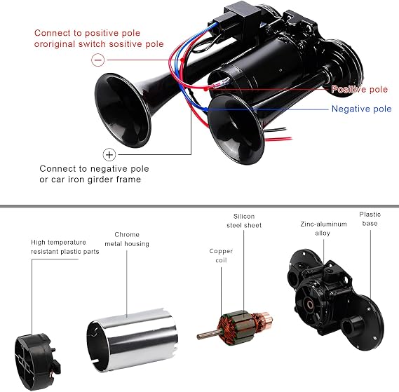 12V Car Air Horn, 120DB Dual Trumpets Super Loud Train Electric Horns with Compressor, Air Horns Speaker Kit Compatible with Cars SUVs Trucks Boats, Car Accessories (Black)
