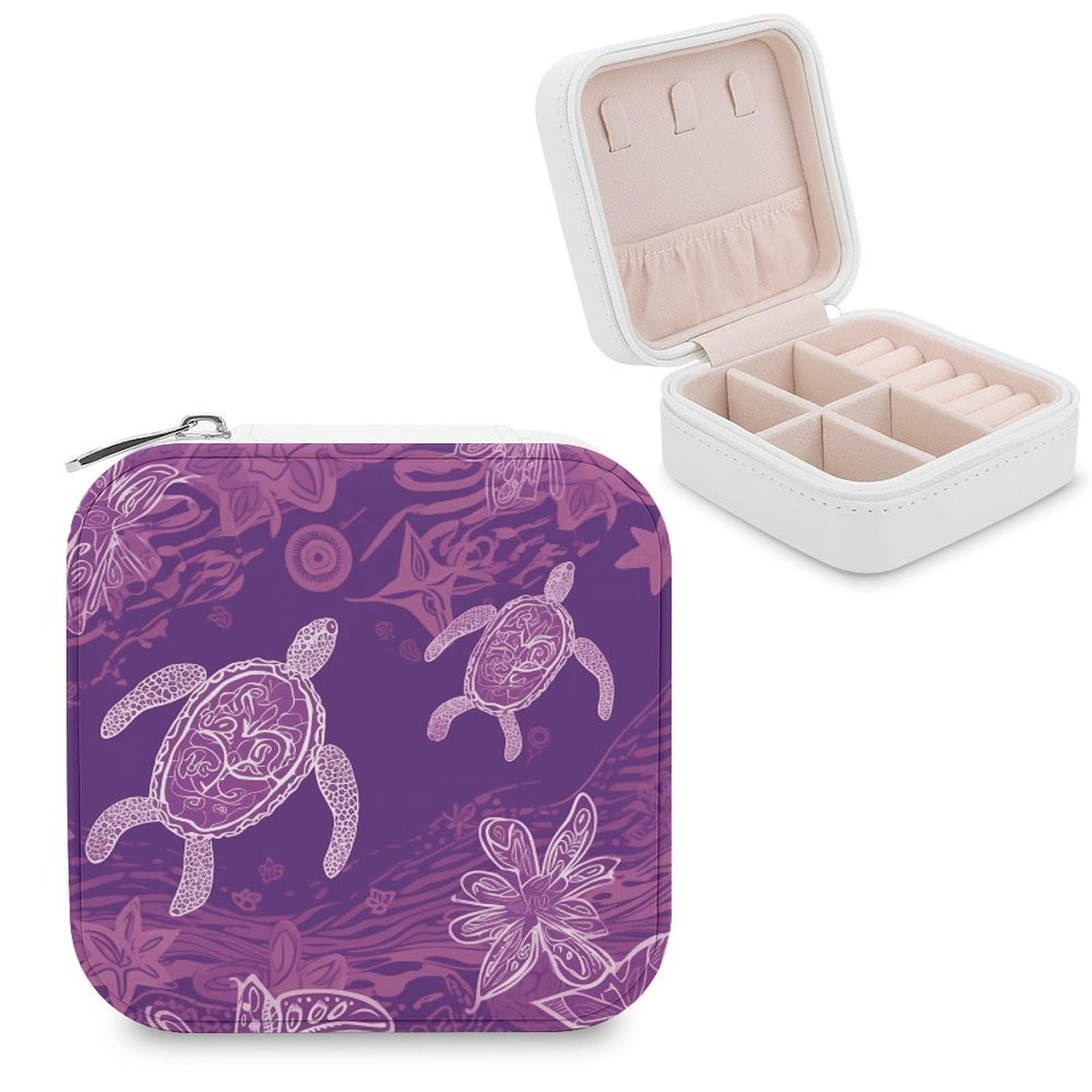 VstaDank Hawaii with Purple Sea Turtle Travel Jewelry Case Zipper Portable Small Jewelry Box Custom Pu Leather Mini Traveling Jewelry Organizer for Rings Earrings Necklace Bracelet Girls Women