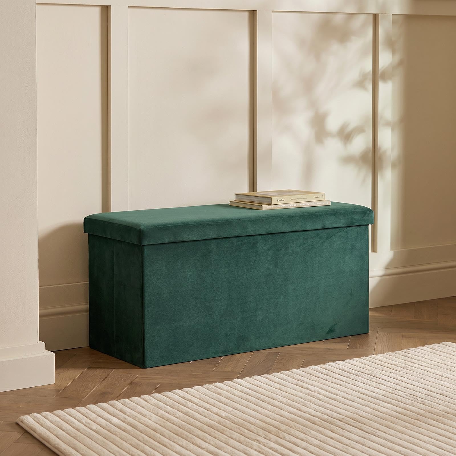 OHS Storage Ottoman Bench Matte Velvet Folding Box with Lid, Woodland Green
