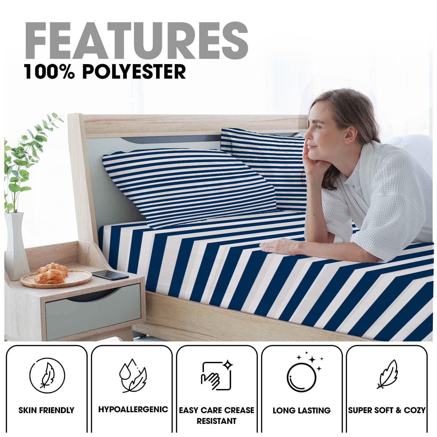 Sábana Bajera Ajustable 3 Piezas 150x200cm, Estampado Simple Rayas Juegos de Cama, Tema Náutico Microfibra Transpirable 30 cm de Profundidad con 2 Fundas de Almohada, Azul Oscuro