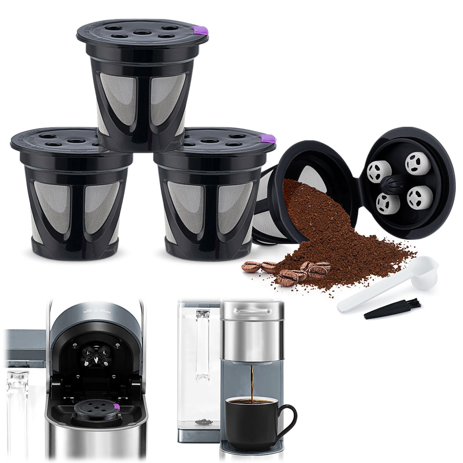 Filtros reutilizables de acero inoxidable, paquete de 4 tazas K de malla con cuchara y cepillo, accesorios de café ecológicos para elaboración casera