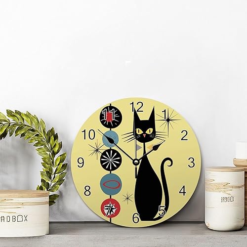 Miniatura 5 de ArogGeld Reloj de pared de gato genial, reloj de madera moderno de mediados de siglo, 10 silencioso, sin tictac, de cuarzo, funciona con pilas, para