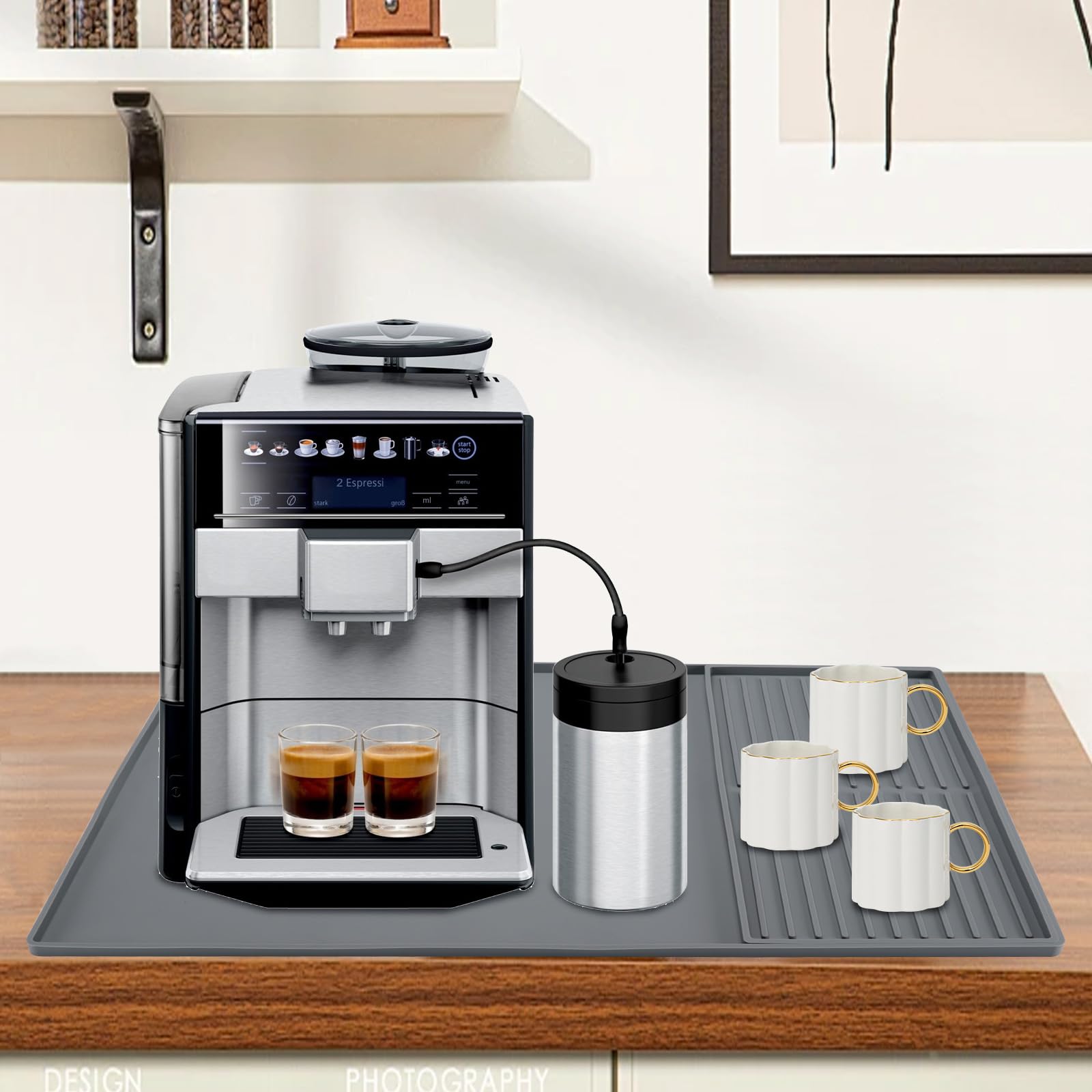 Tappetino Macchina Caffe, Antiscivolo Silicone Tappetino per Macchina da Caffè Tappetino in Silicone per Caffè con Bordo Rialzato, per Bar Piani Cucina Uffici e Tavoli da Pranzo (Grigio)