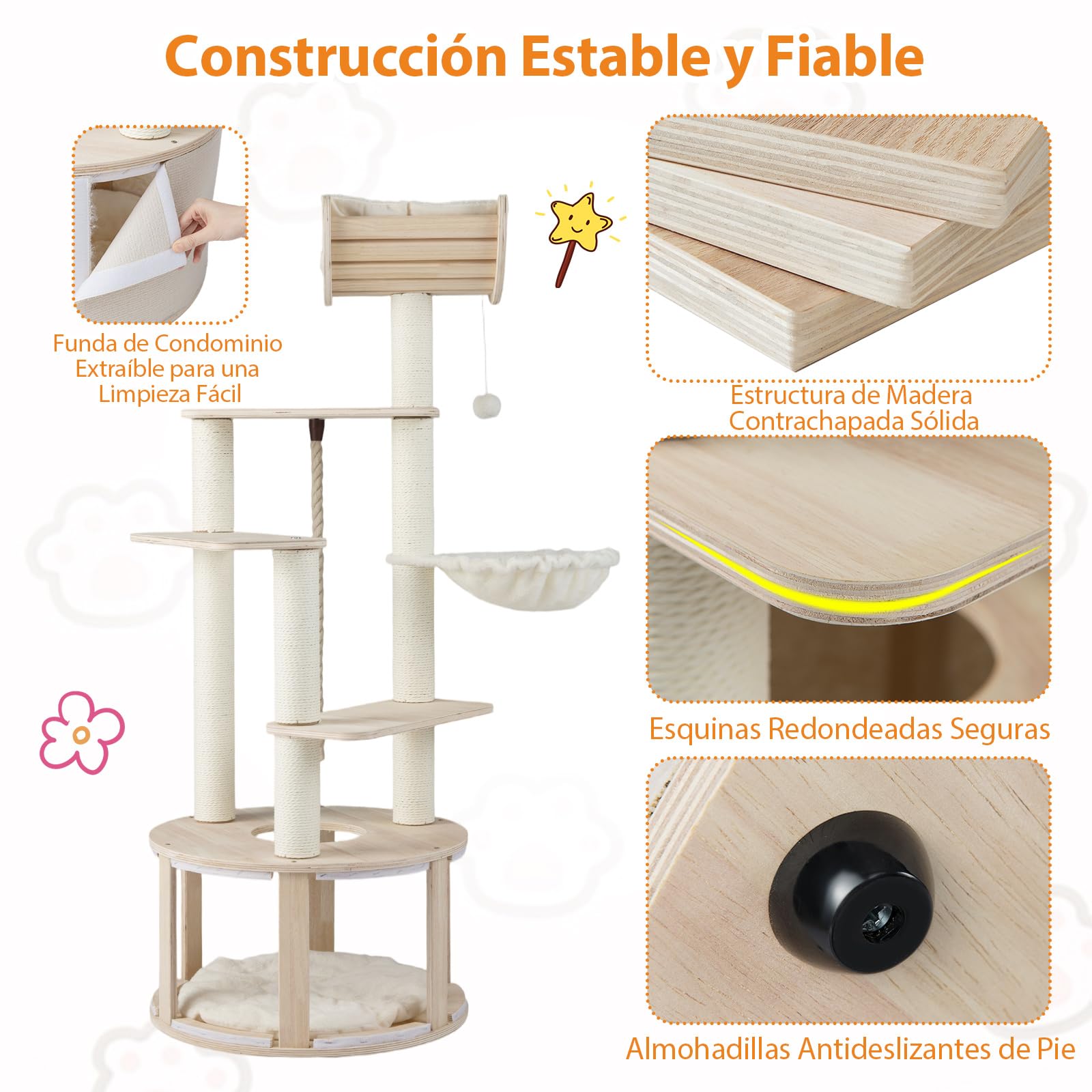 COSTWAY 141 cm Árbol Rascador para Gatos de Madera, Torre para Gatitos Multinivel con Condo, Cama Curvada, Hamaca, Postes Rascadores, Bola Colgante y Cuerda, Cojines Lavables, Castillo Gatos Interior