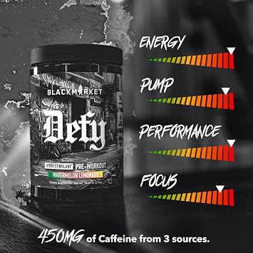 BLACKMARKET DEFY High-Stimulant Pre-Workout Powder | 450mg Caffeine, Eria Jarensis, Dendrobium, L-Citrulline | Watermelon Lemonade Flavor | Intense Energy, Pump & Focus | 40/20 Servings