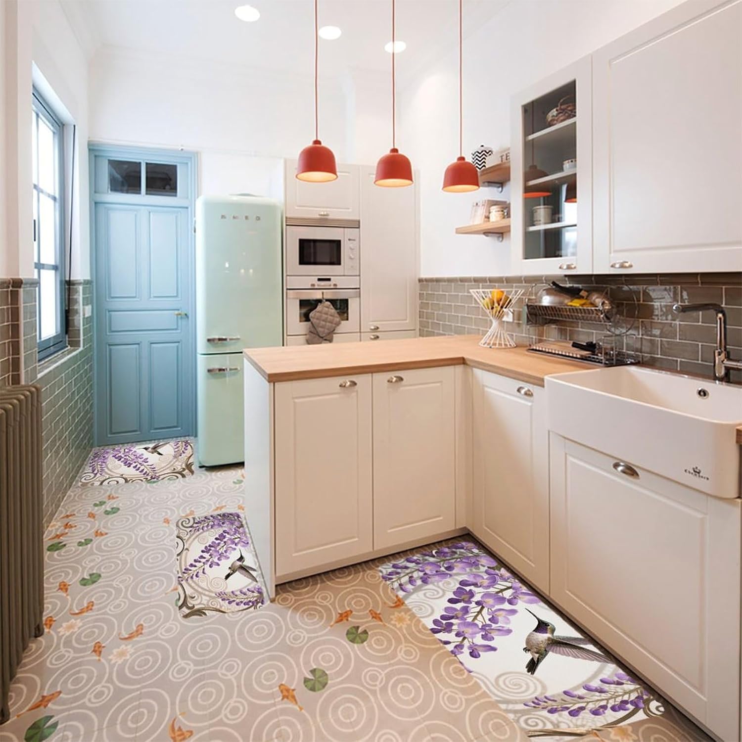 Graceful Hummingbird Kitchen Mats for Floor 3 Pcs Kitchen Rugs